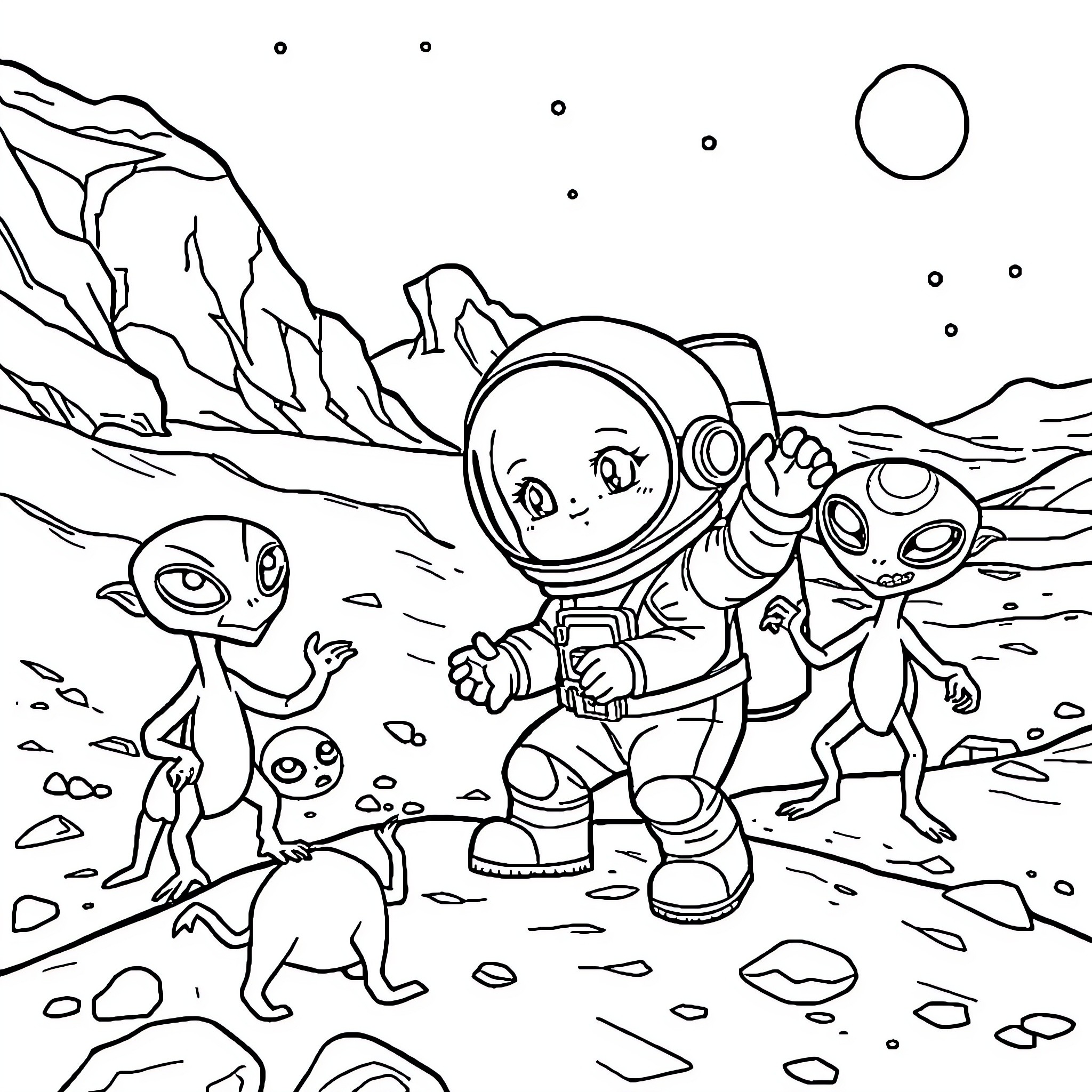 Astronaut exploring alien landscape with companions Coloring Page (free black-and-white line drawing printable PDF for all, from beginners to advanced learners, including children, teens, adults, and seniors)