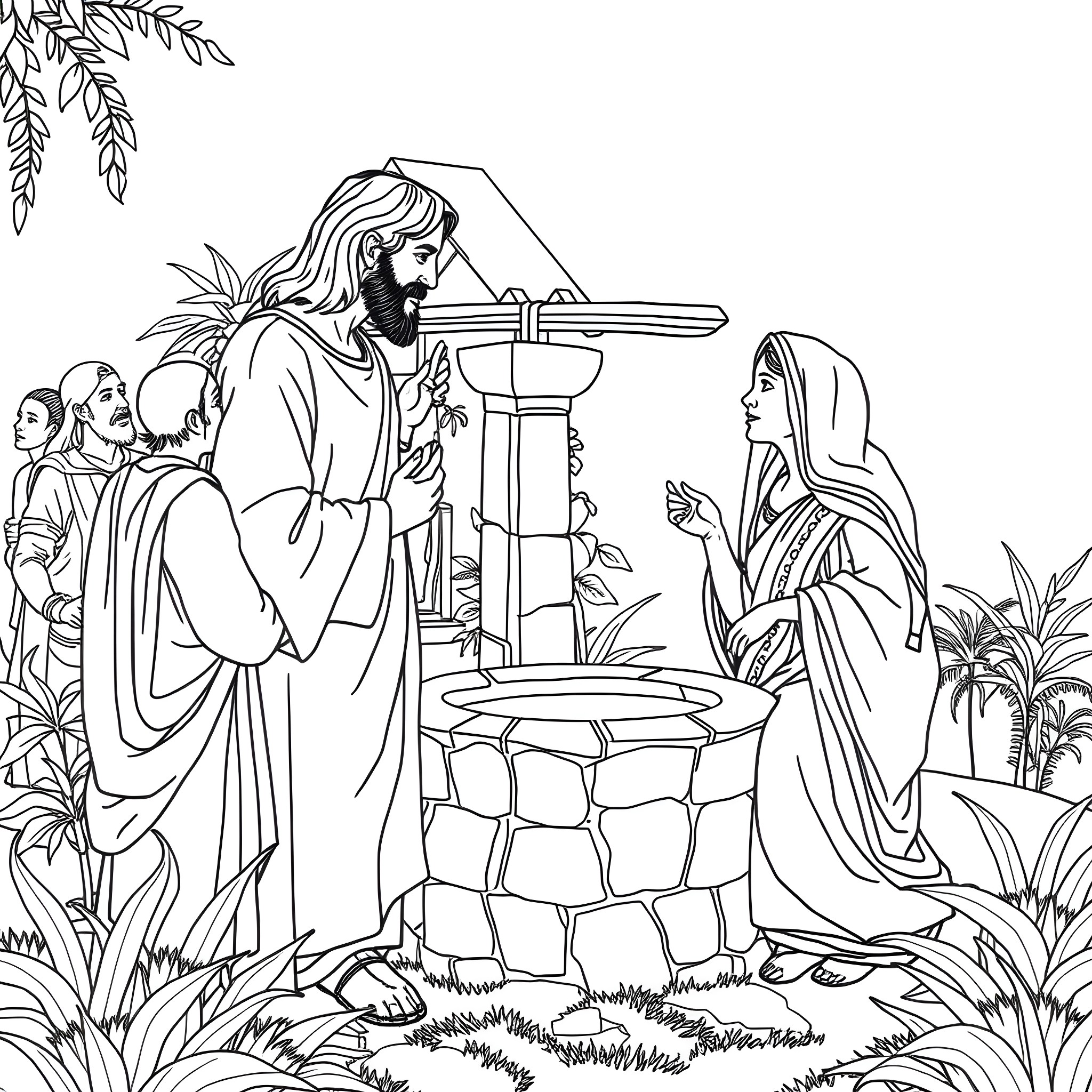 Jesus Preaching to a Woman at the Well Coloring Page (free black-and-white line drawing printable PDF for all, from beginners to advanced learners, including children, teens, adults, and seniors)