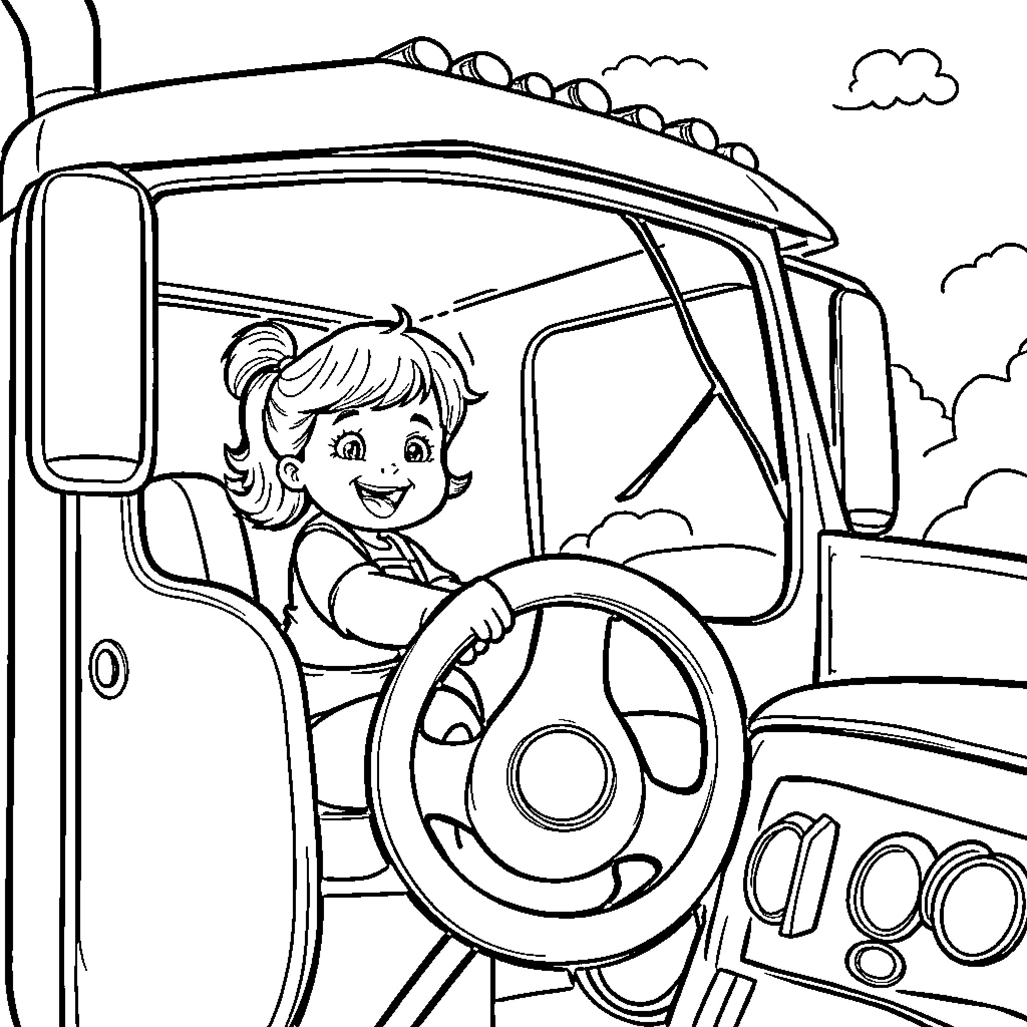 Baby Girl Driving a Tractor Coloring Page (free black-and-white line drawing printable PDF for all, from beginners to advanced learners, including children, teens, adults, and seniors)