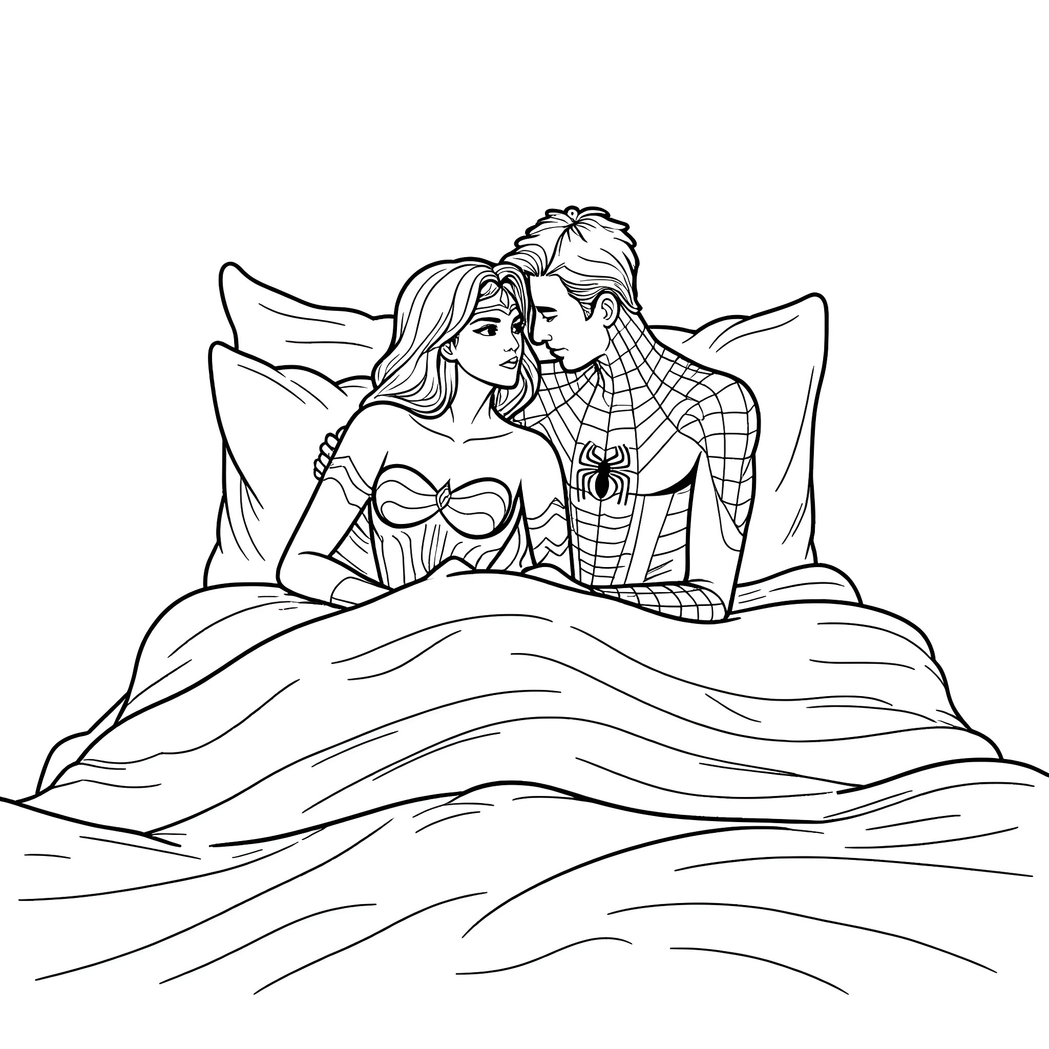 Wonder Woman and Spider-Man in an intimate moment Coloring Page (free black-and-white line drawing printable PDF for all, from beginners to advanced learners, including children, teens, adults, and seniors)