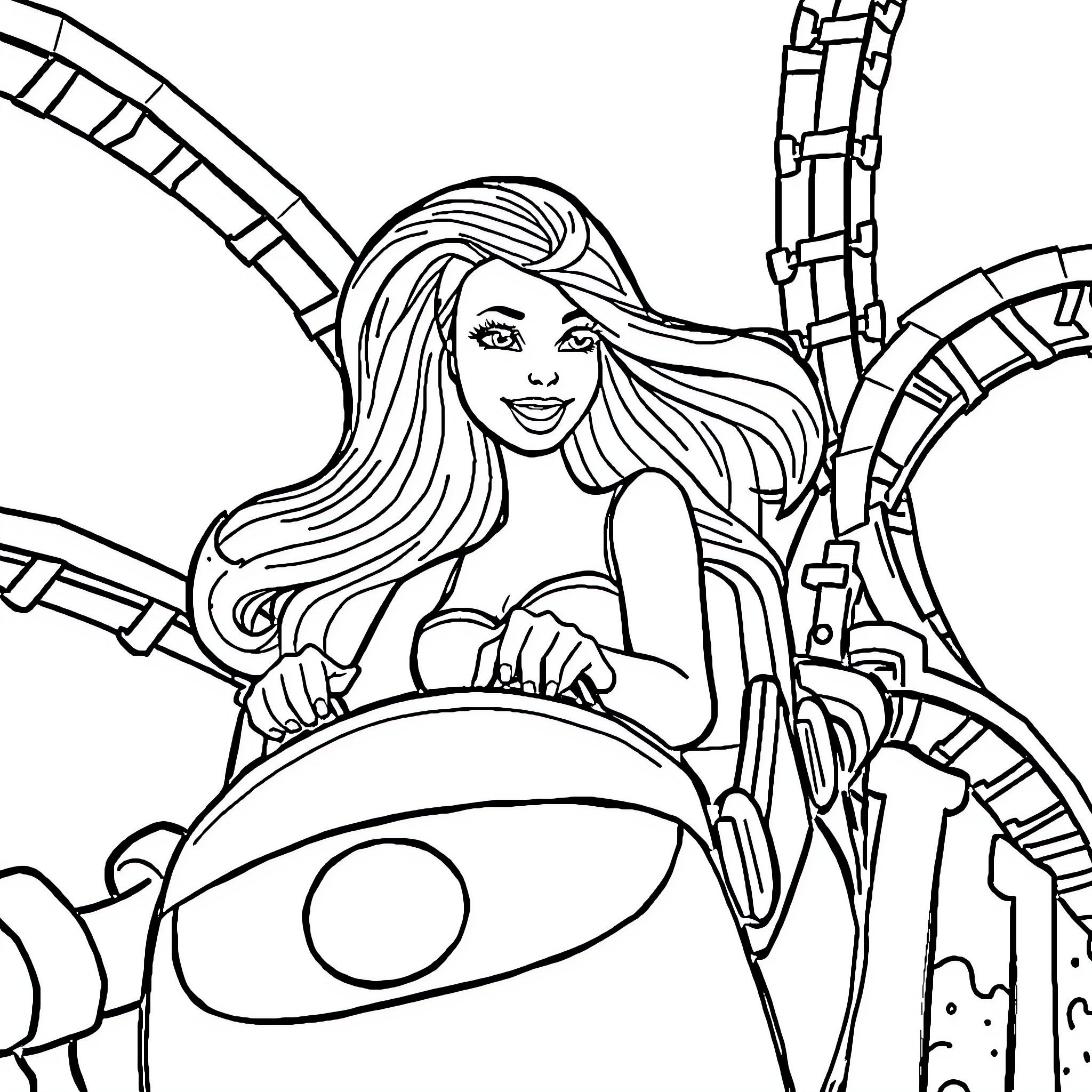 Barbie enjoying a thrill ride at the amusement park Coloring Page (free black-and-white line drawing printable PDF for all, from beginners to advanced learners, including children, teens, adults, and seniors)
