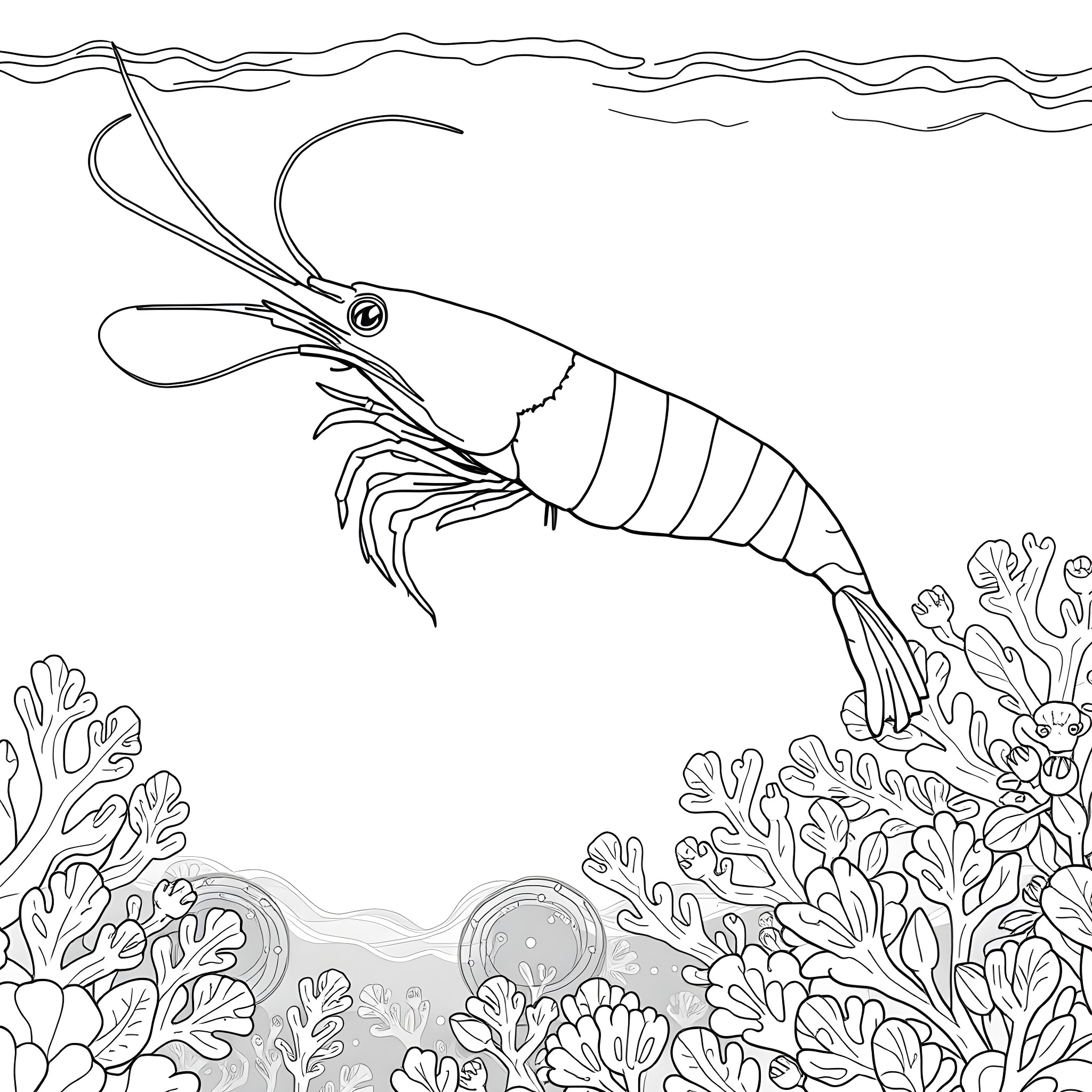 Shrimp swimming among seaweeds Coloring Page (free black-and-white line drawing printable PDF for all, from beginners to advanced learners, including children, teens, adults, and seniors)