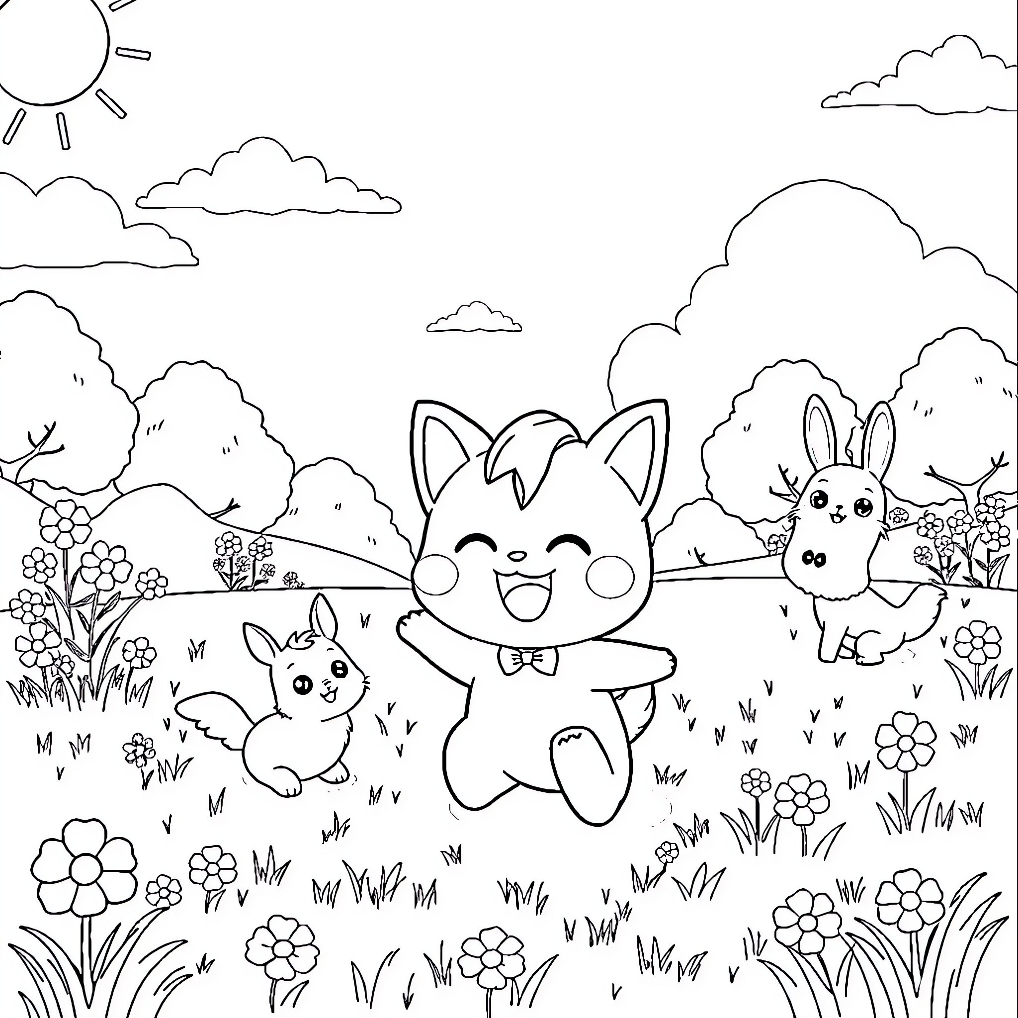 Kuromi enjoying a playful day in the meadow Coloring Page (free black-and-white line drawing printable PDF for all, from beginners to advanced learners, including children, teens, adults, and seniors)
