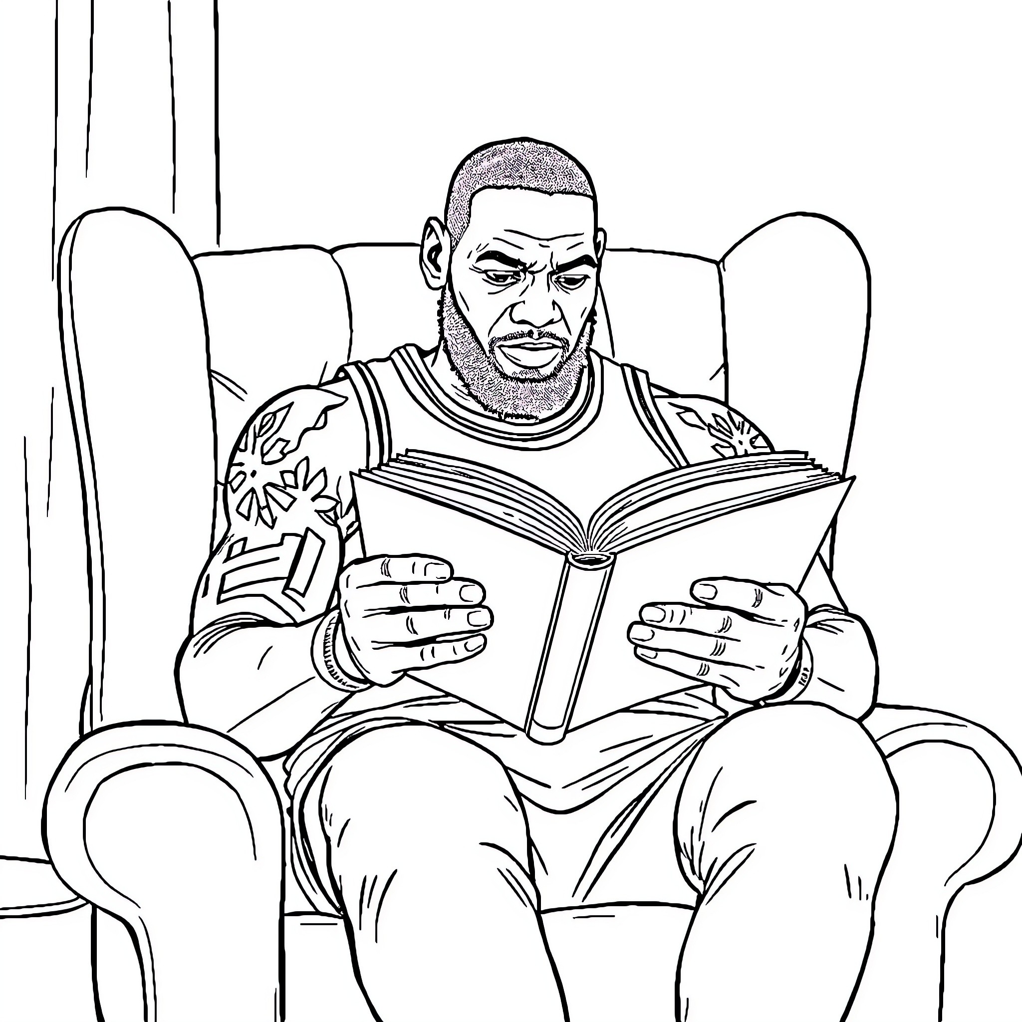 LeBron James Reading Intently on a Couch Coloring Page (free black-and-white line drawing printable PDF for all, from beginners to advanced learners, including children, teens, adults, and seniors)