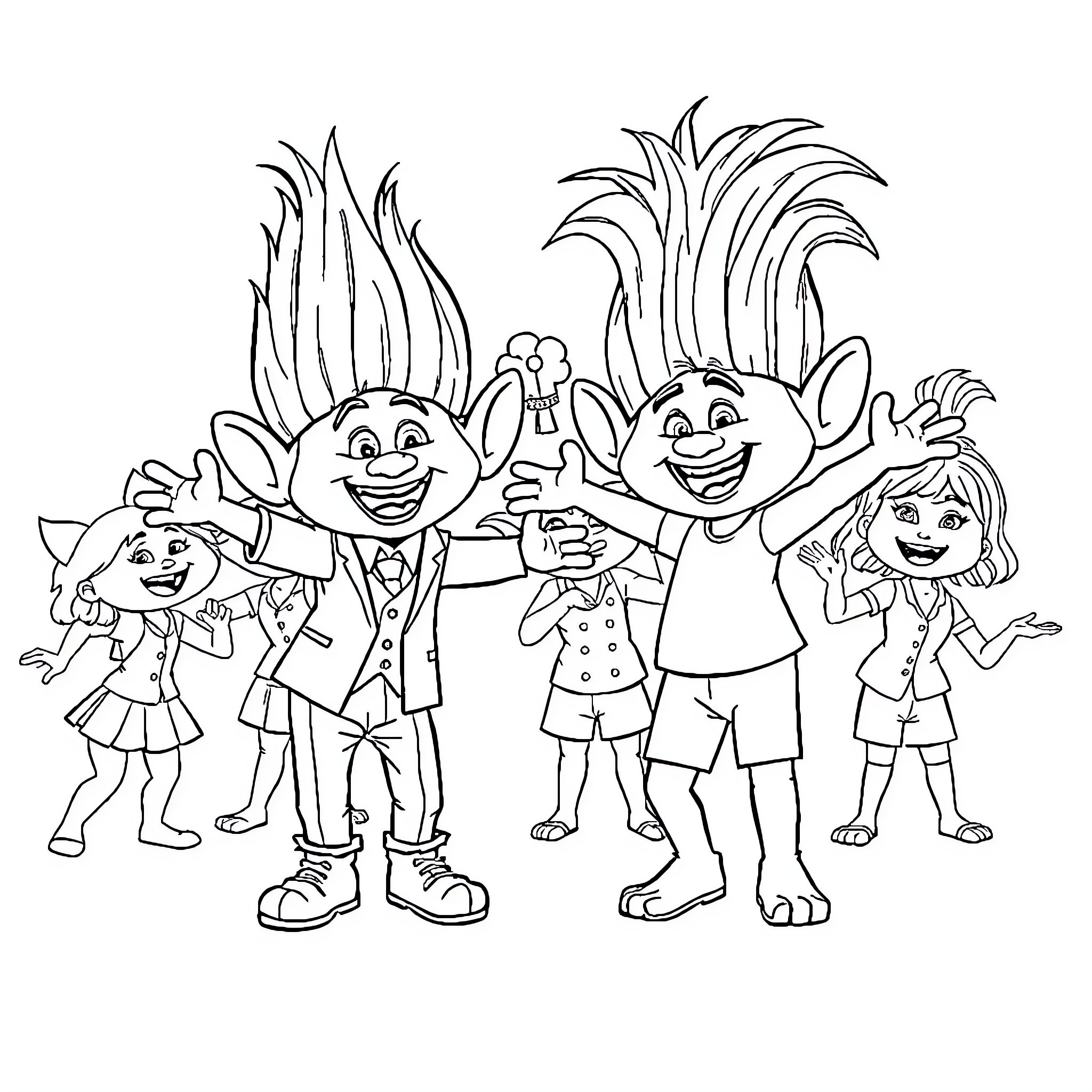 Trolls having a fun and lively gathering Coloring Page (free black-and-white line drawing printable PDF for all, from beginners to advanced learners, including children, teens, adults, and seniors)