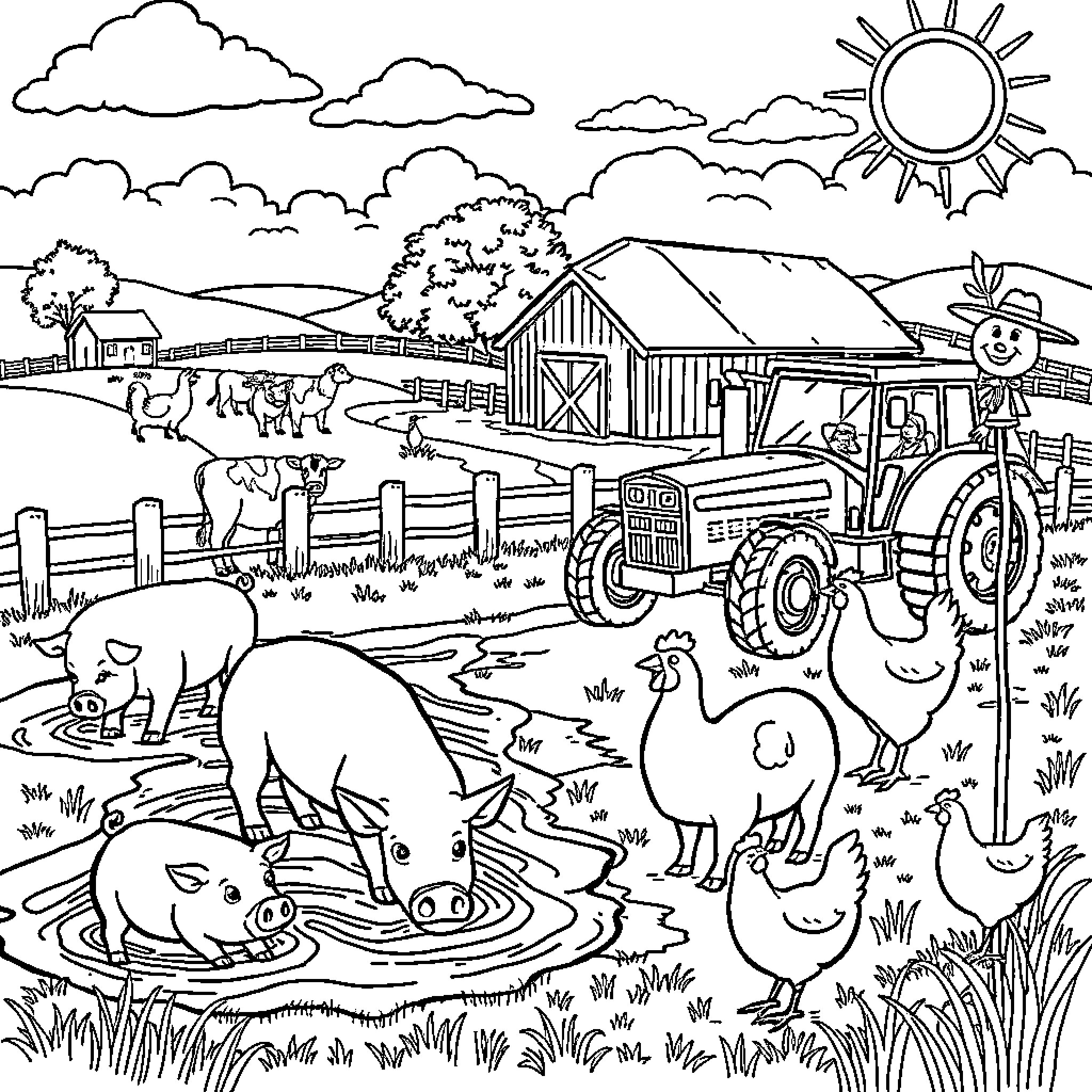 Farm animals and equipment in a scenic rural setting Coloring Page (free black-and-white line drawing printable PDF for all, from beginners to advanced learners, including children, teens, adults, and seniors)