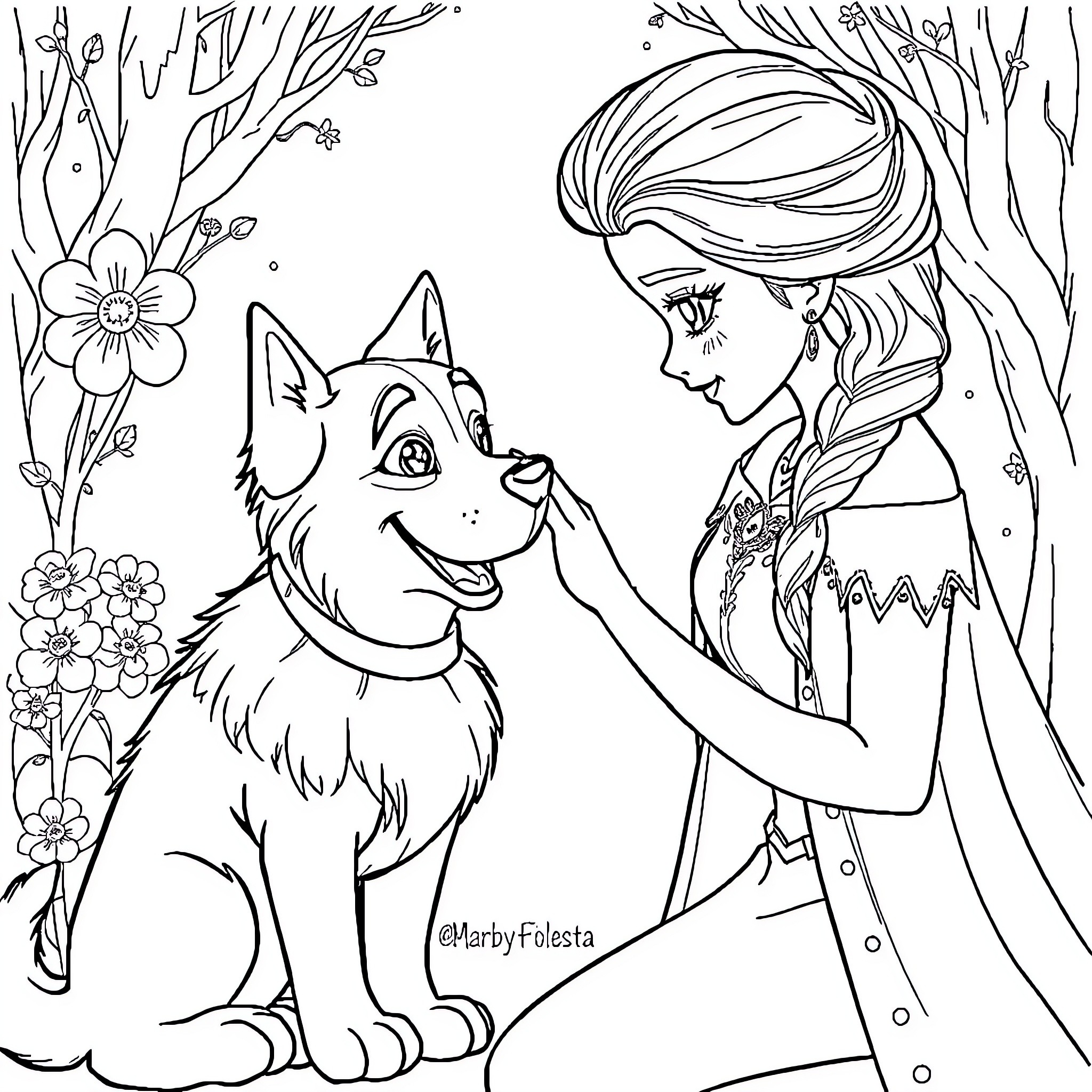 Elsa interacting with a friendly wolf in the forest Coloring Page (free black-and-white line drawing printable PDF for all, from beginners to advanced learners, including children, teens, adults, and seniors)