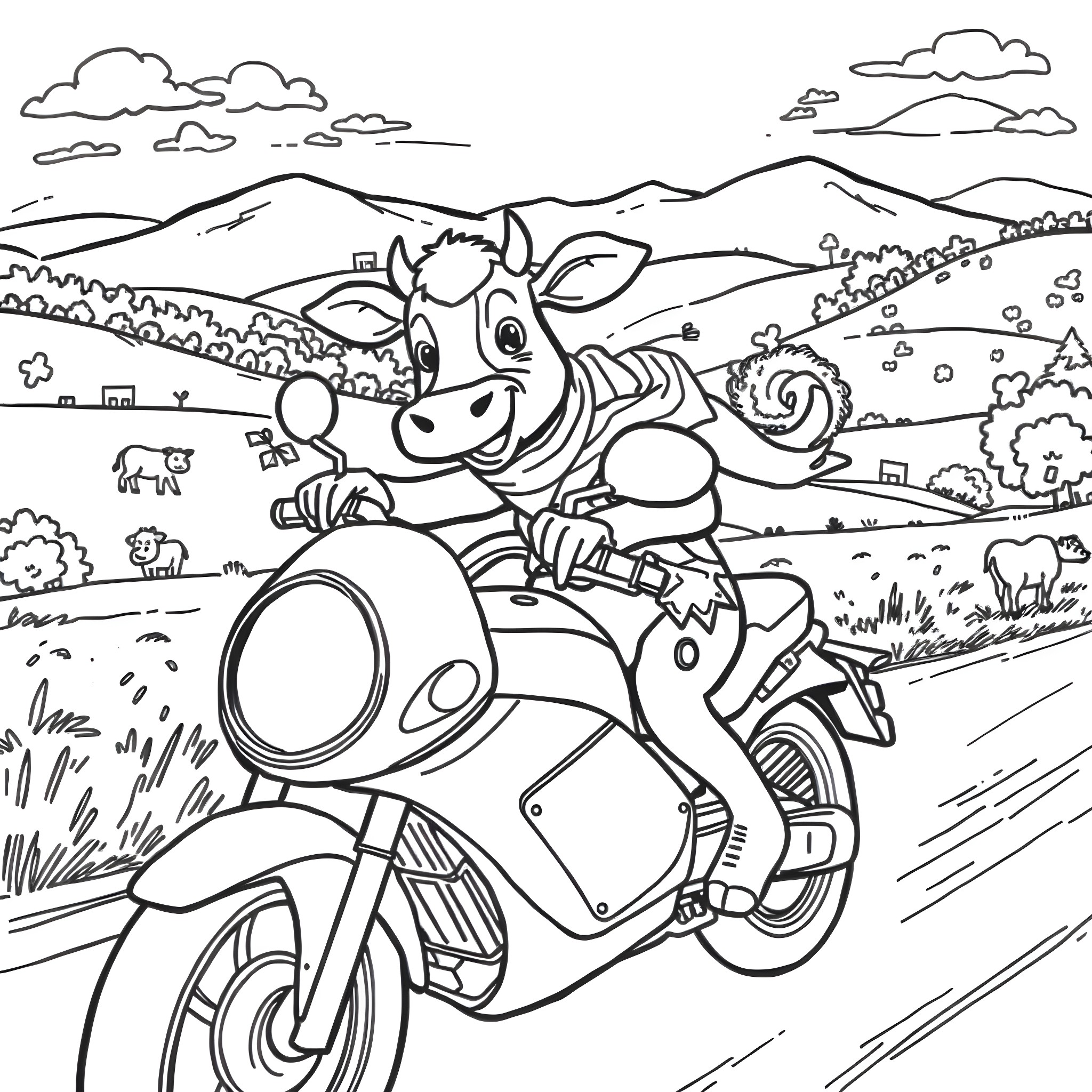 Cow riding motorcycle through countryside landscape Coloring Page (free black-and-white line drawing printable PDF for all, from beginners to advanced learners, including children, teens, adults, and seniors)