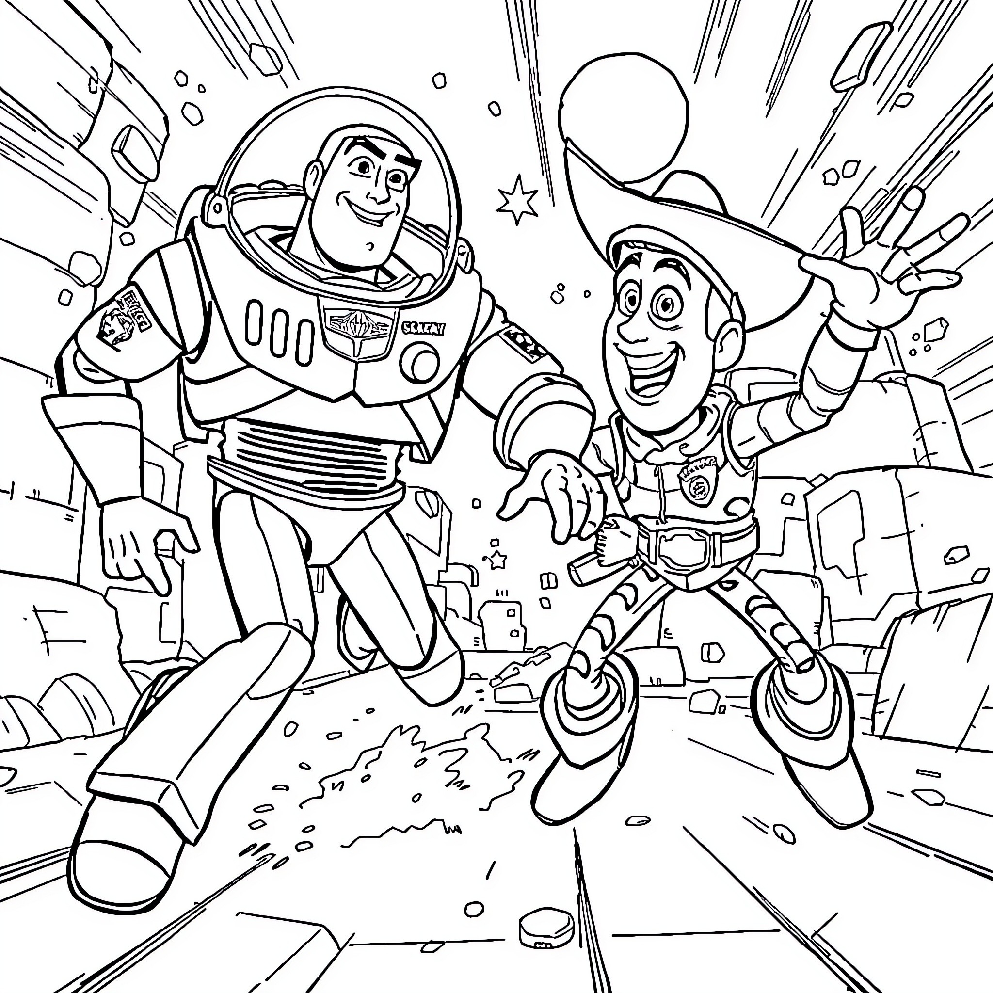 Buzz Lightyear and Woody embarking on an exciting adventure Coloring Page (free black-and-white line drawing printable PDF for all, from beginners to advanced learners, including children, teens, adults, and seniors)