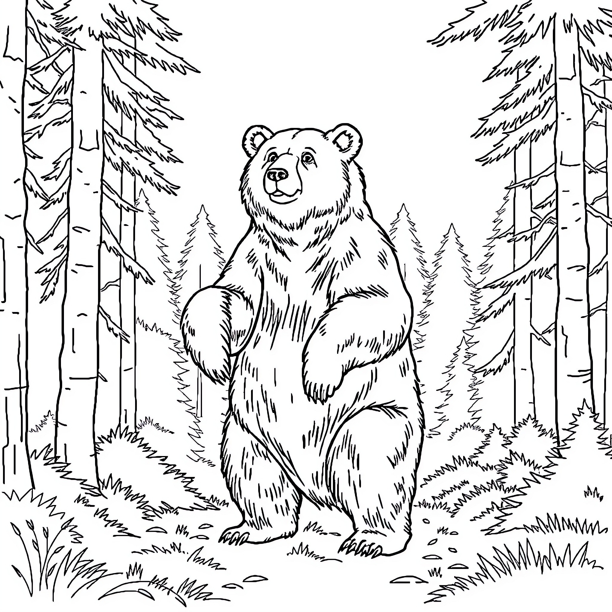 Bear in the Peaceful Forest Coloring Page (free black-and-white line drawing printable PDF for all, from beginners to advanced learners, including children, teens, adults, and seniors)
