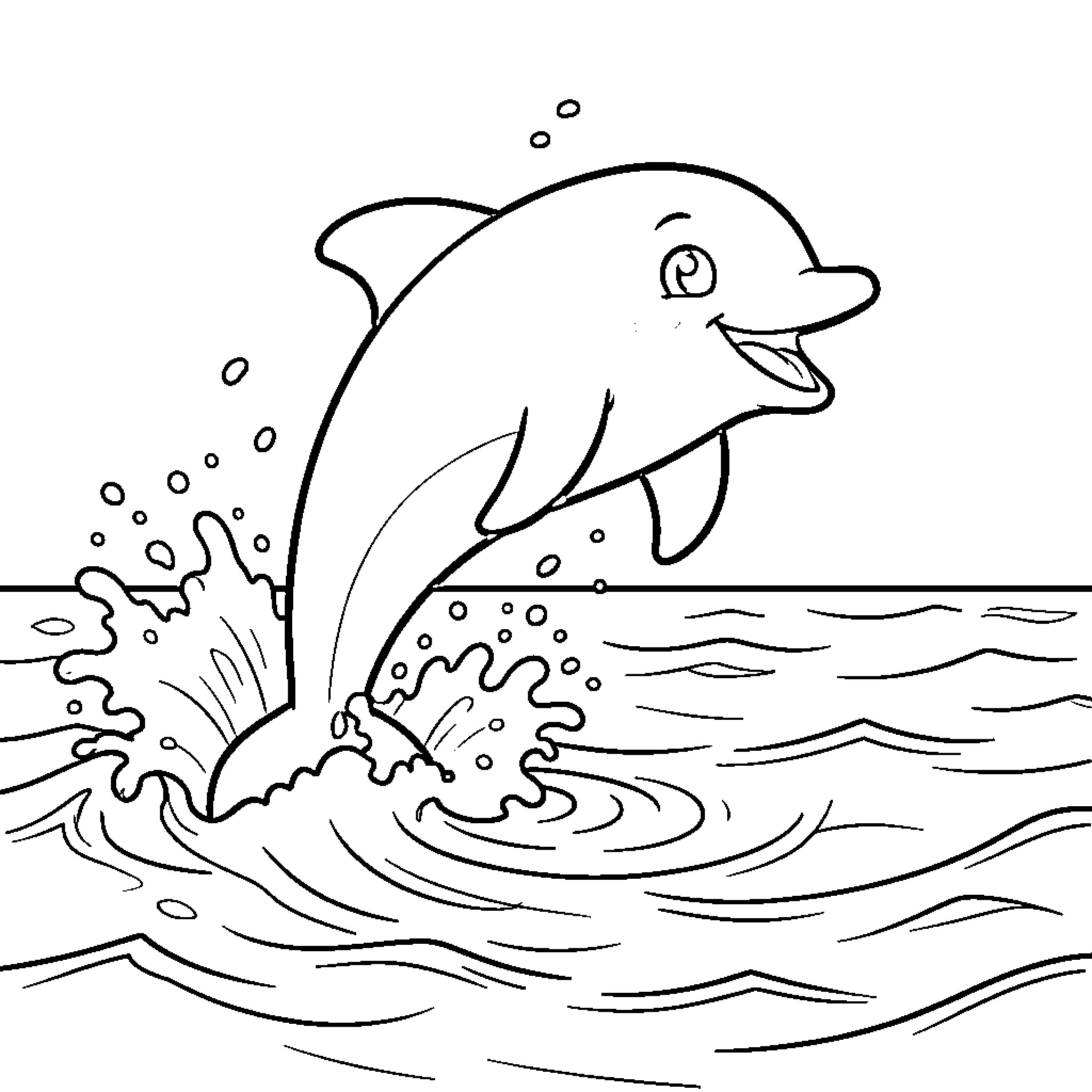 Dolphin leaping joyfully in the waves Coloring Page (free black-and-white line drawing printable PDF for all, from beginners to advanced learners, including children, teens, adults, and seniors)