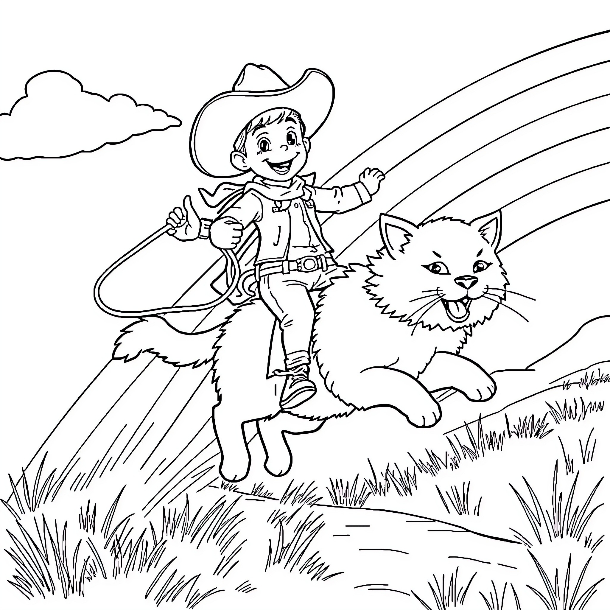 Cowboy chasing a playful cat in the countryside Coloring Page (free black-and-white line drawing printable PDF for all, from beginners to advanced learners, including children, teens, adults, and seniors)