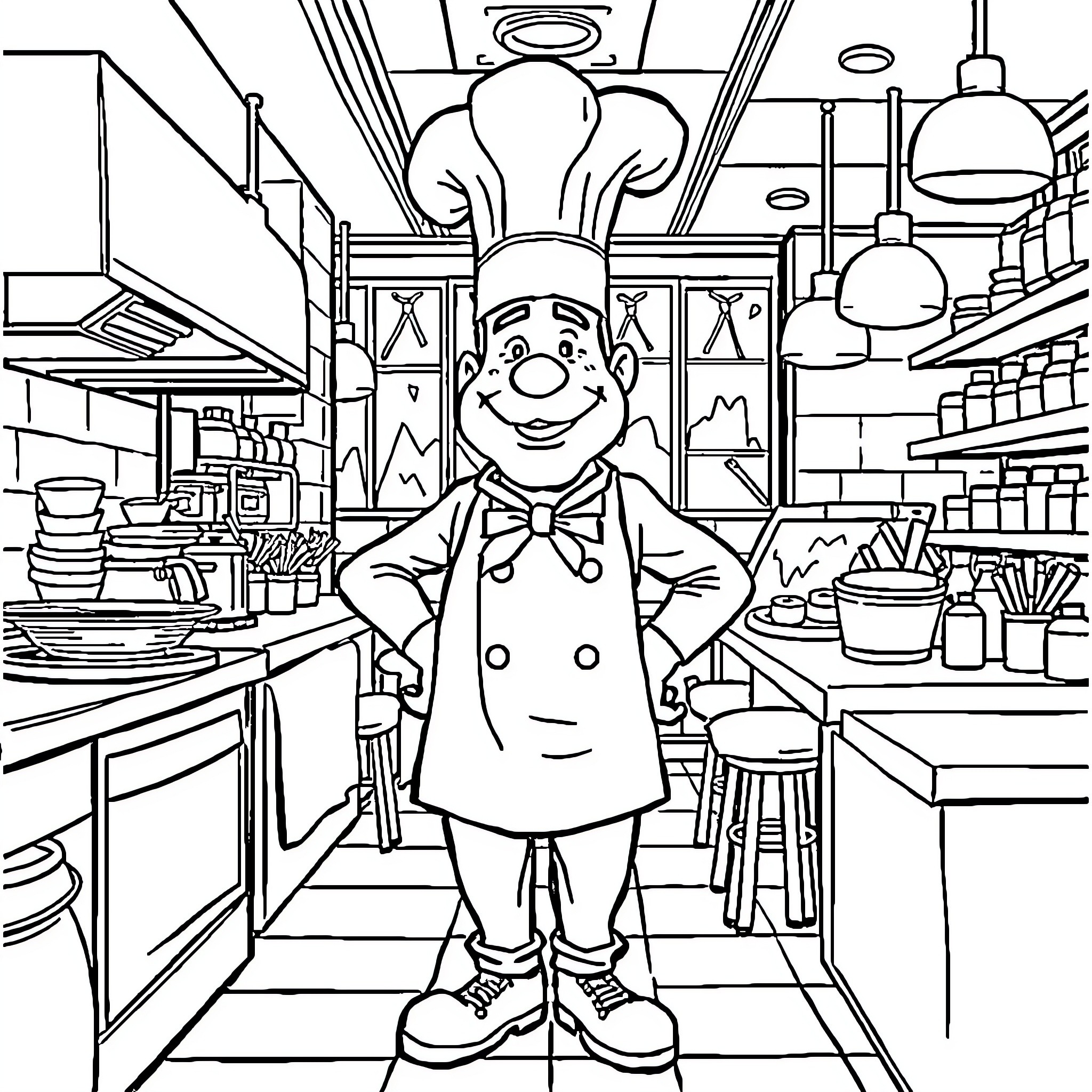 Etchebest's Lively Kitchen Scene Coloring Page (free black-and-white line drawing printable PDF for all, from beginners to advanced learners, including children, teens, adults, and seniors)