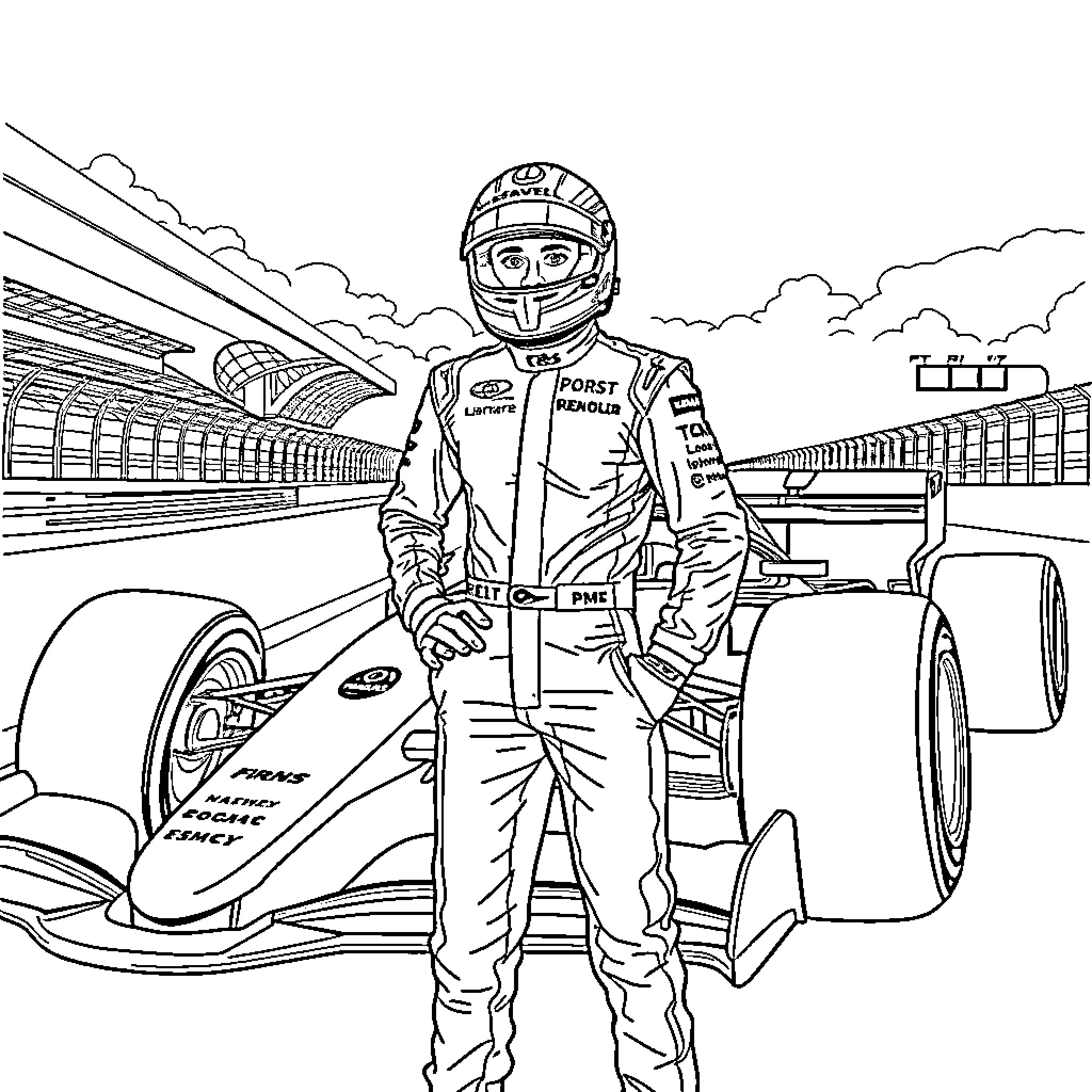 F1 Racer Gearing Up for an Intense Race Coloring Page (free black-and-white line drawing printable PDF for all, from beginners to advanced learners, including children, teens, adults, and seniors)