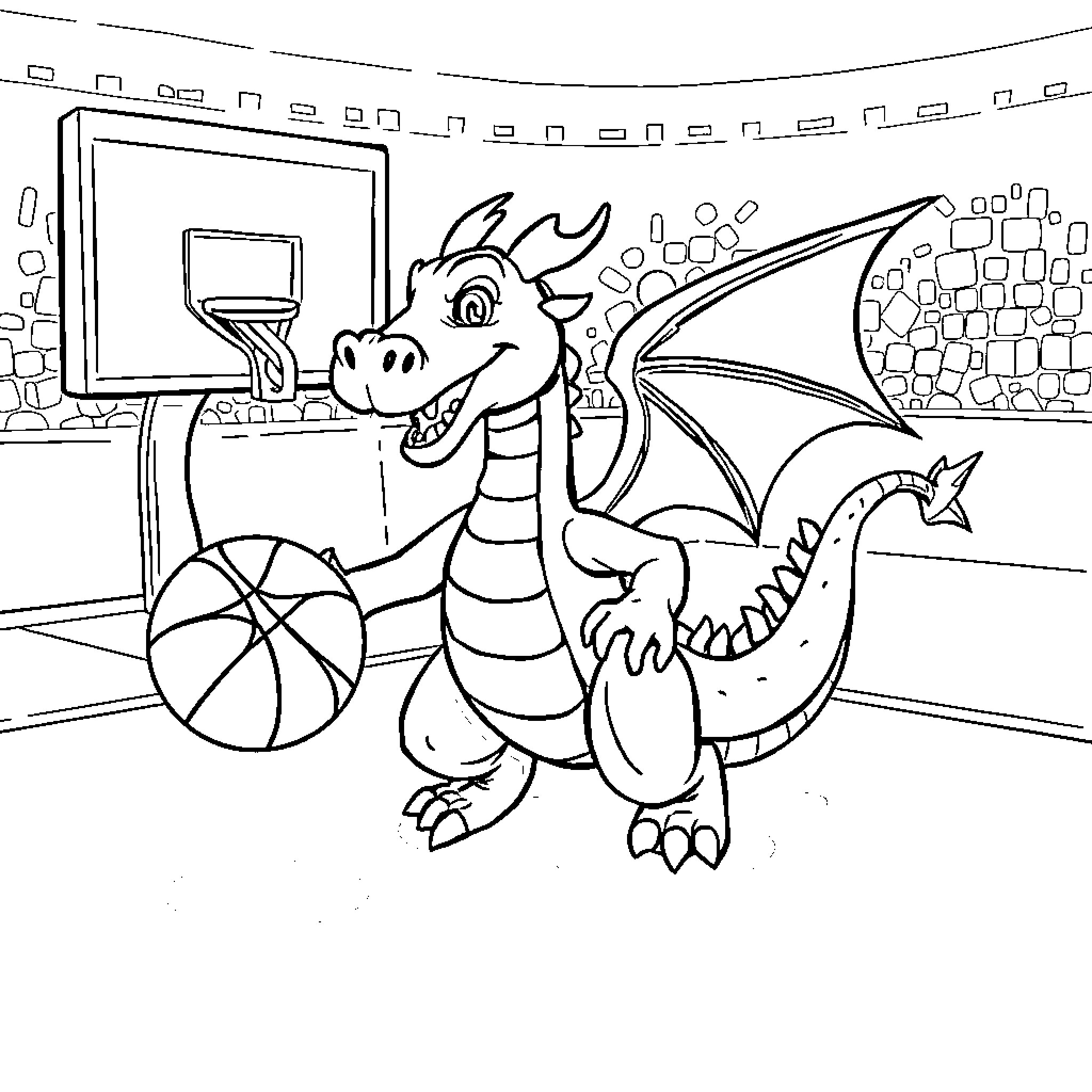 Dragon Playing Basketball in the Court Coloring Page (free black-and-white line drawing printable PDF for all, from beginners to advanced learners, including children, teens, adults, and seniors)