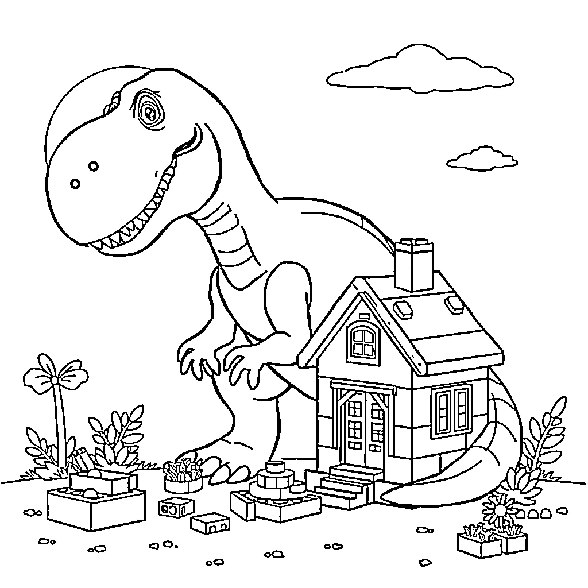 Dinosaur exploring a colorful toy house Coloring Page (free black-and-white line drawing printable PDF for all, from beginners to advanced learners, including children, teens, adults, and seniors)