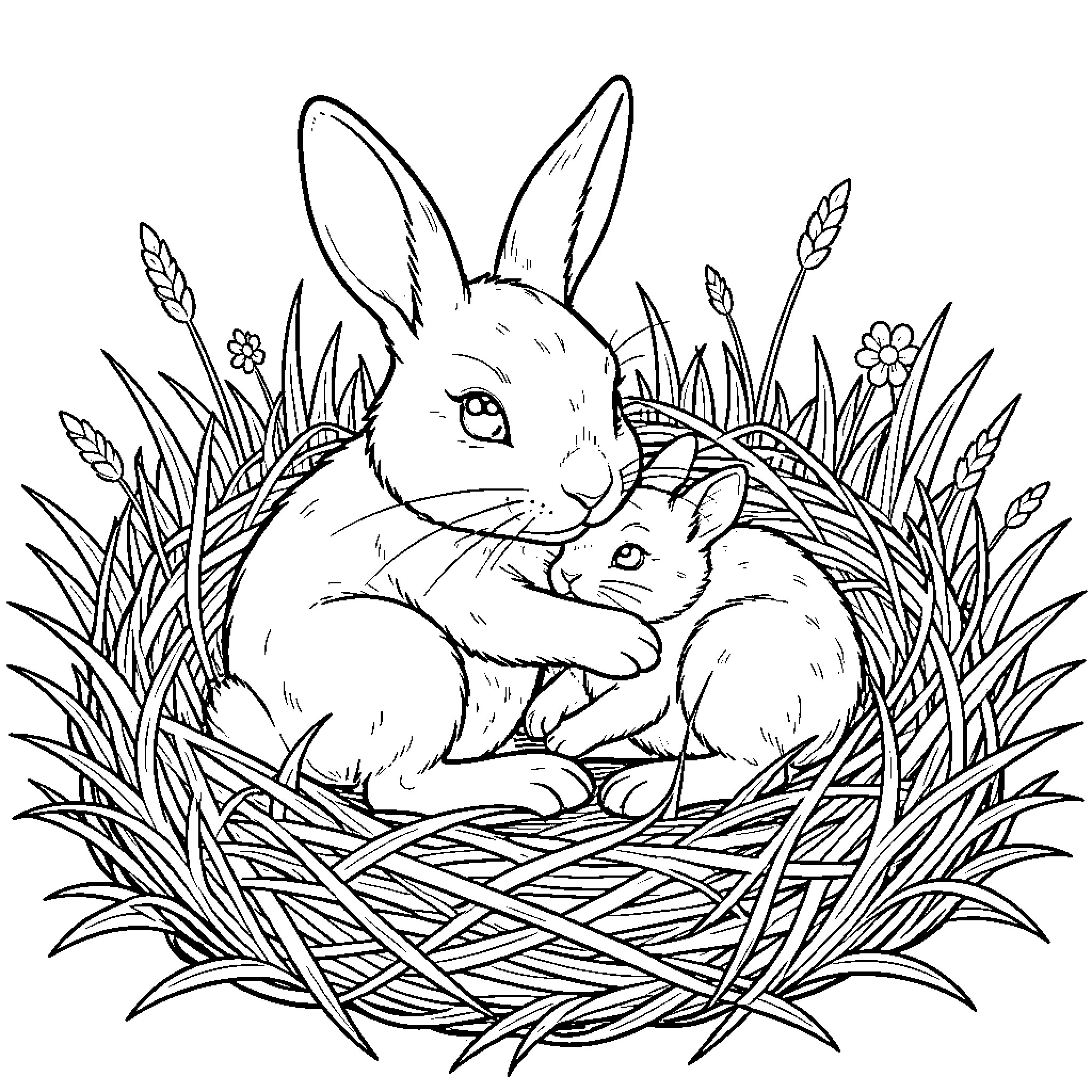 Rabbits resting peacefully in a nest Coloring Page (free black-and-white line drawing printable PDF for all, from beginners to advanced learners, including children, teens, adults, and seniors)