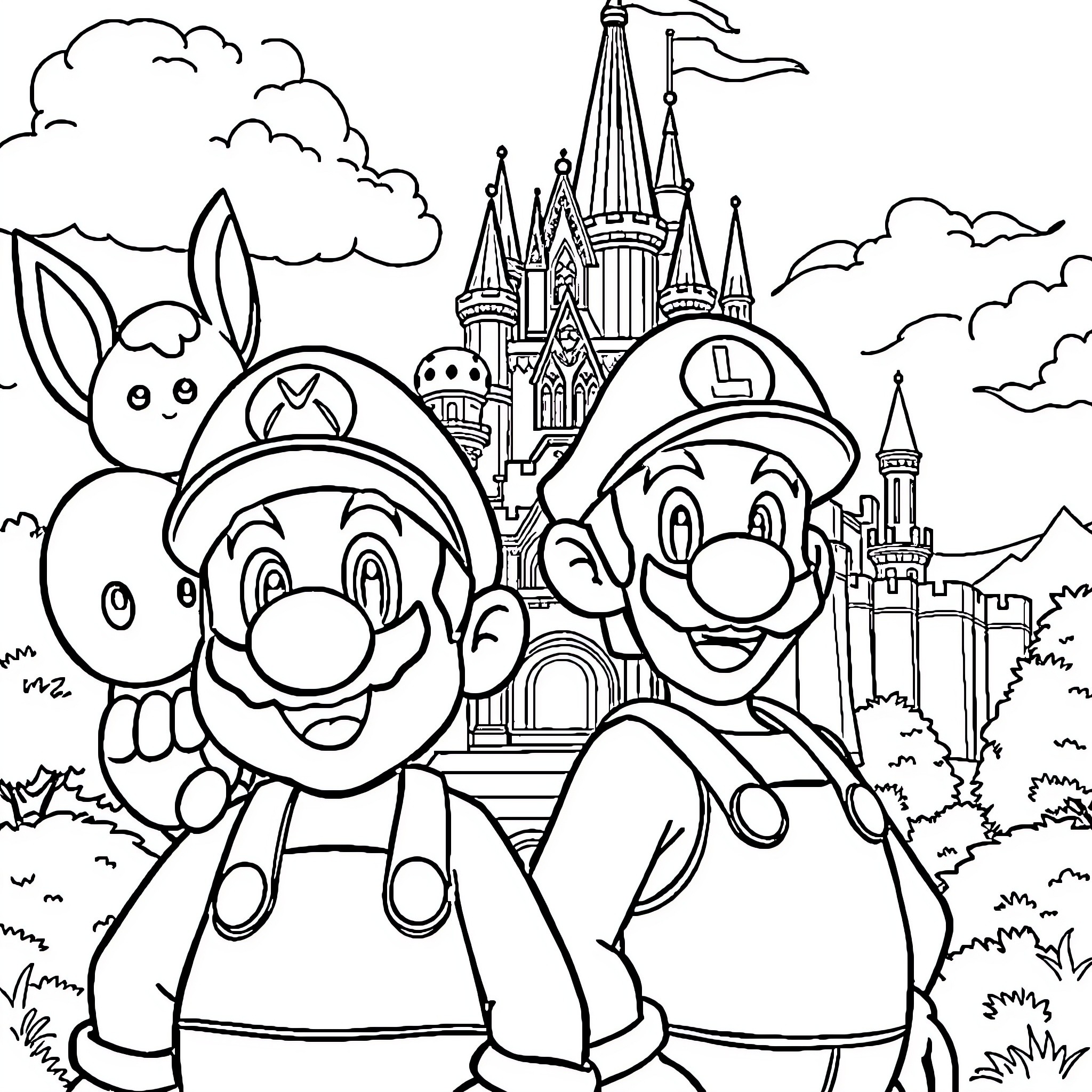 Mario and Luigi's Adventure at the Castle Coloring Page (free black-and-white line drawing printable PDF for all, from beginners to advanced learners, including children, teens, adults, and seniors)