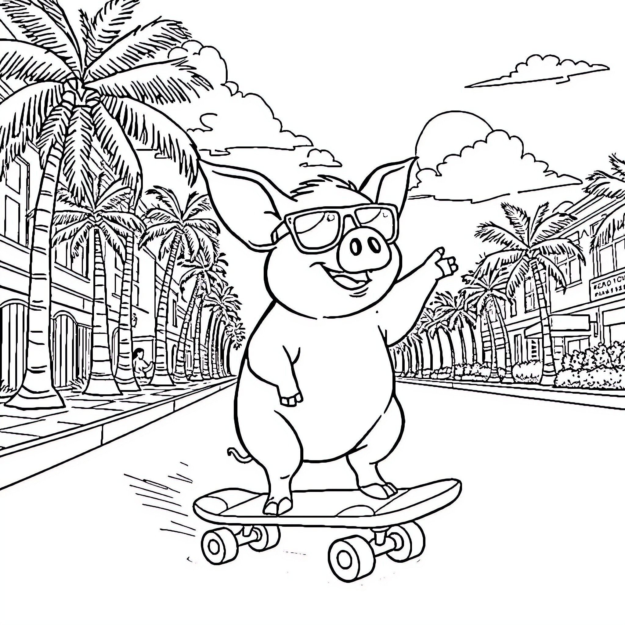 Pig surfing happily in tropical beach scene Coloring Page (free black-and-white line drawing printable PDF for all, from beginners to advanced learners, including children, teens, adults, and seniors)
