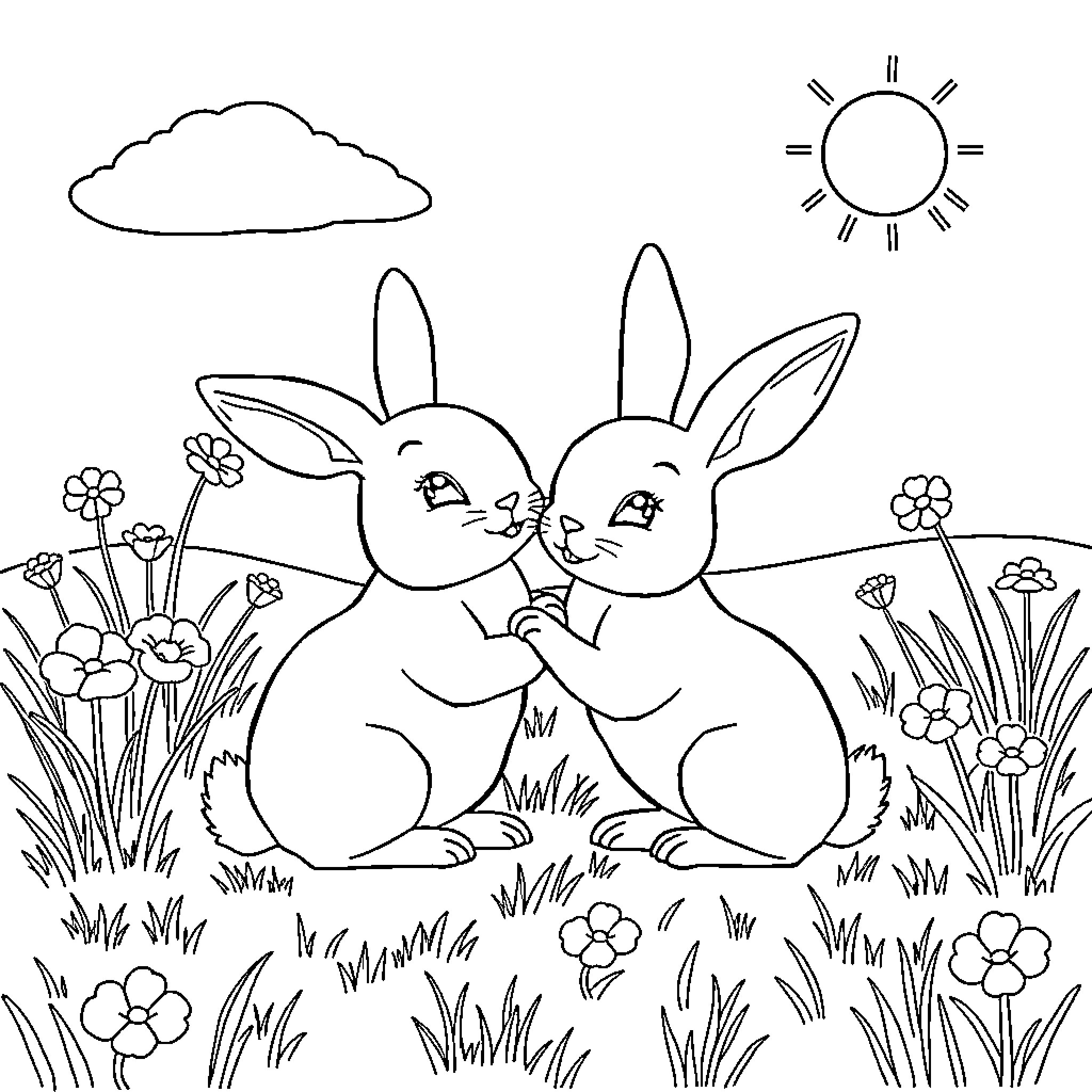 Bunny friends enjoying a sunny day in the meadow Coloring Page (free black-and-white line drawing printable PDF for all, from beginners to advanced learners, including children, teens, adults, and seniors)