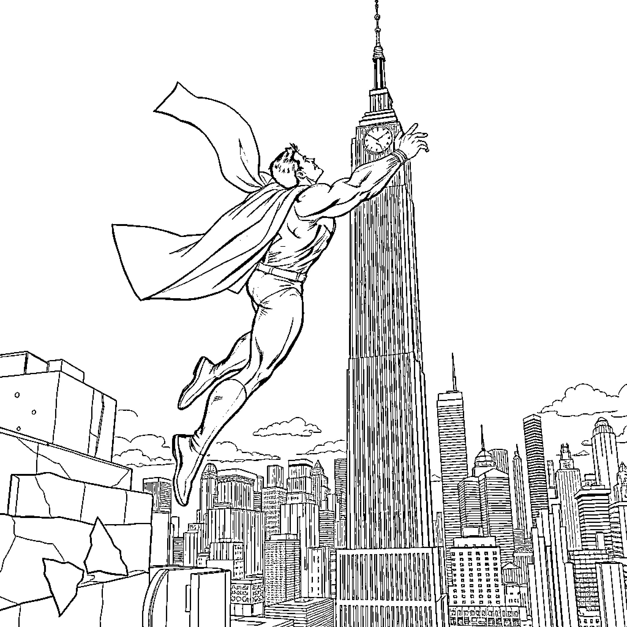 Superman soaring over the city skyline Coloring Page (free black-and-white line drawing printable PDF for all, from beginners to advanced learners, including children, teens, adults, and seniors)