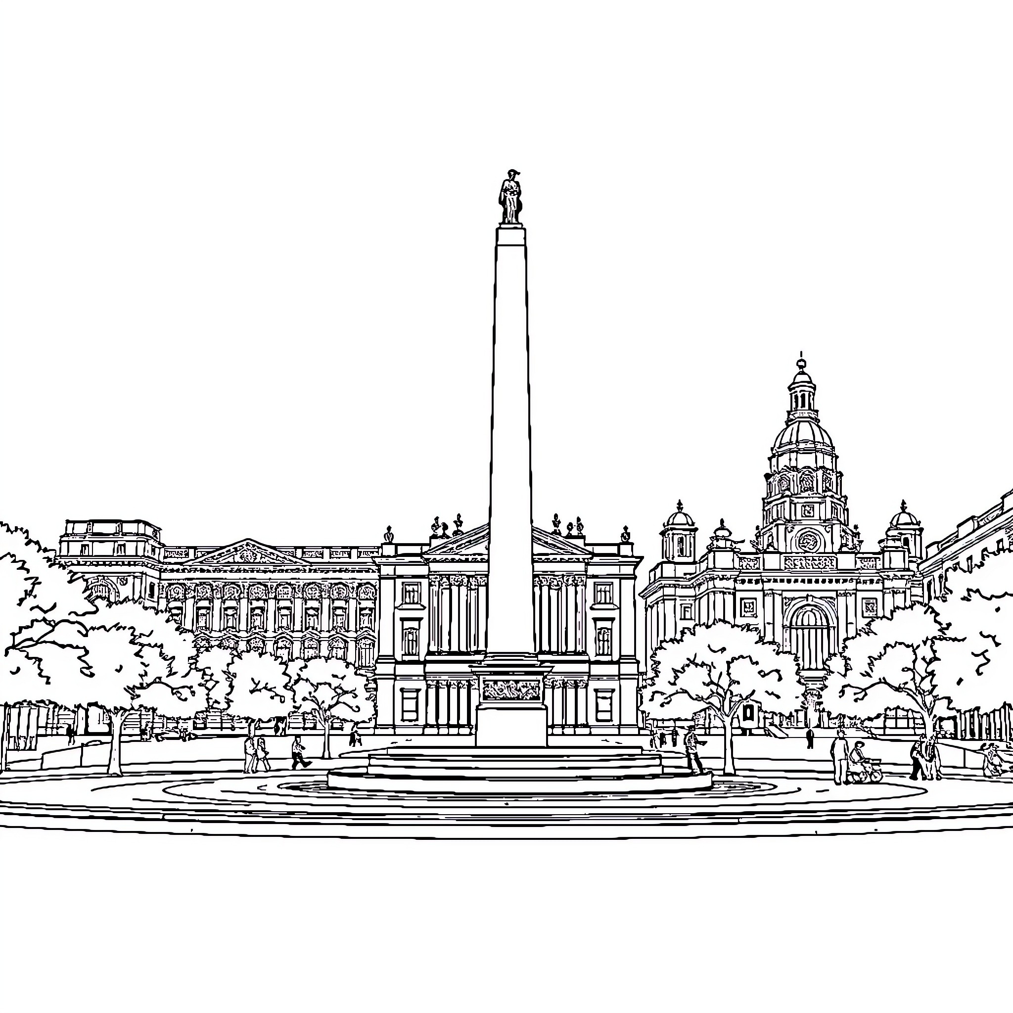 Monument depicting figures in formal attire at city square Coloring Page (free black-and-white line drawing printable PDF for all, from beginners to advanced learners, including children, teens, adults, and seniors)