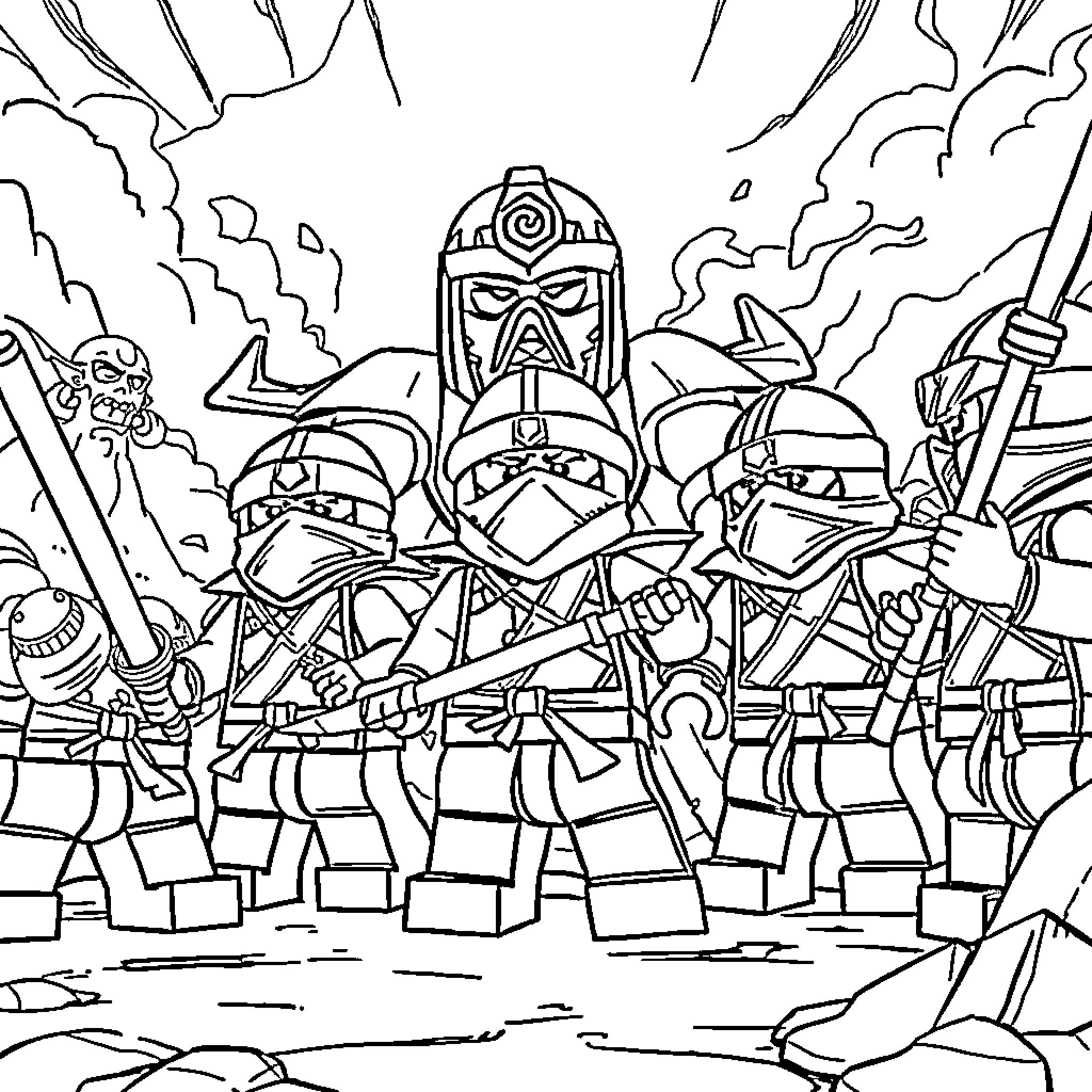 Ninjago warriors posing heroically with weapons and armor Coloring Page (free black-and-white line drawing printable PDF for all, from beginners to advanced learners, including children, teens, adults, and seniors)