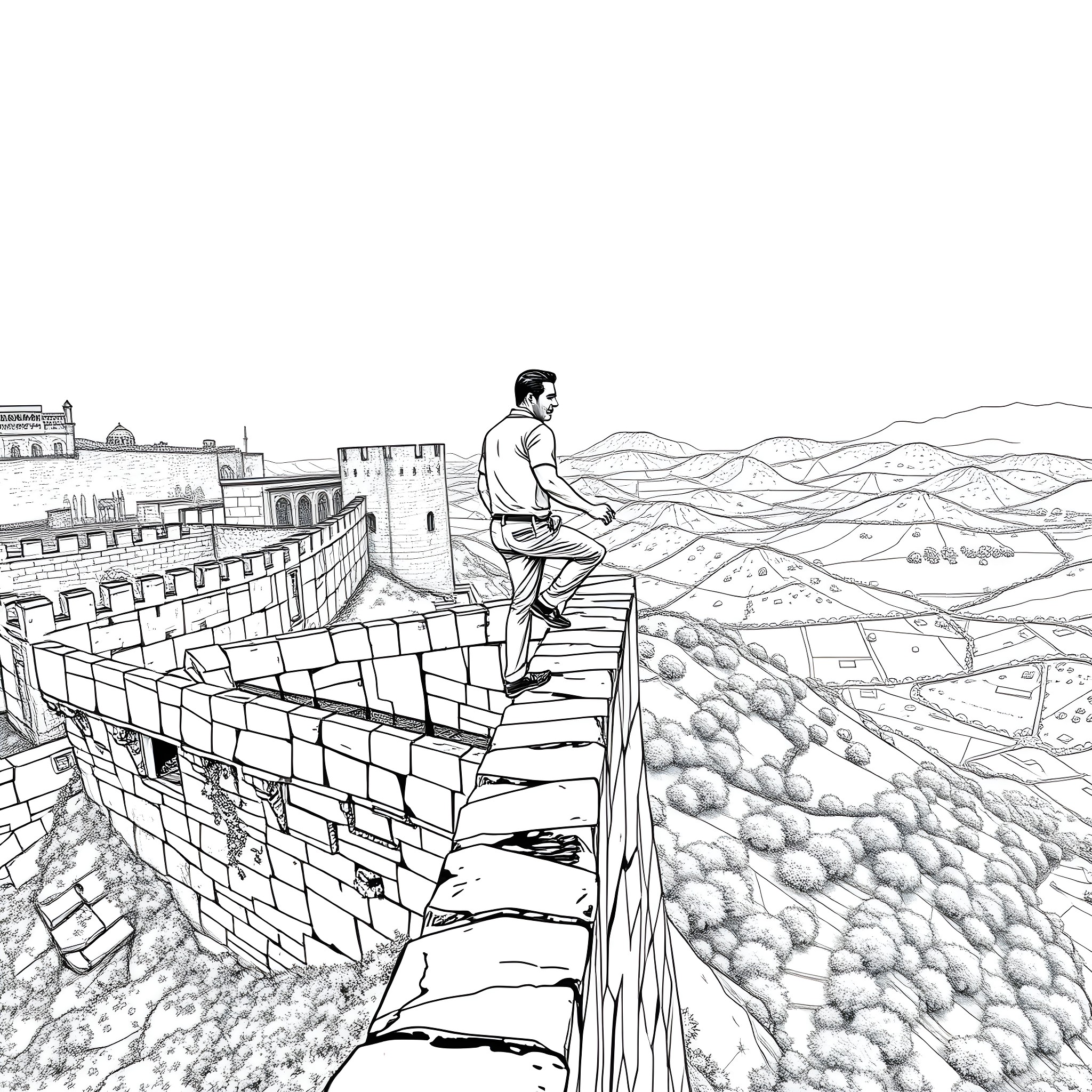 Salman Khan atop the fortified walls overlooking the mountainous landscape Coloring Page (free black-and-white line drawing printable PDF for all, from beginners to advanced learners, including children, teens, adults, and seniors)