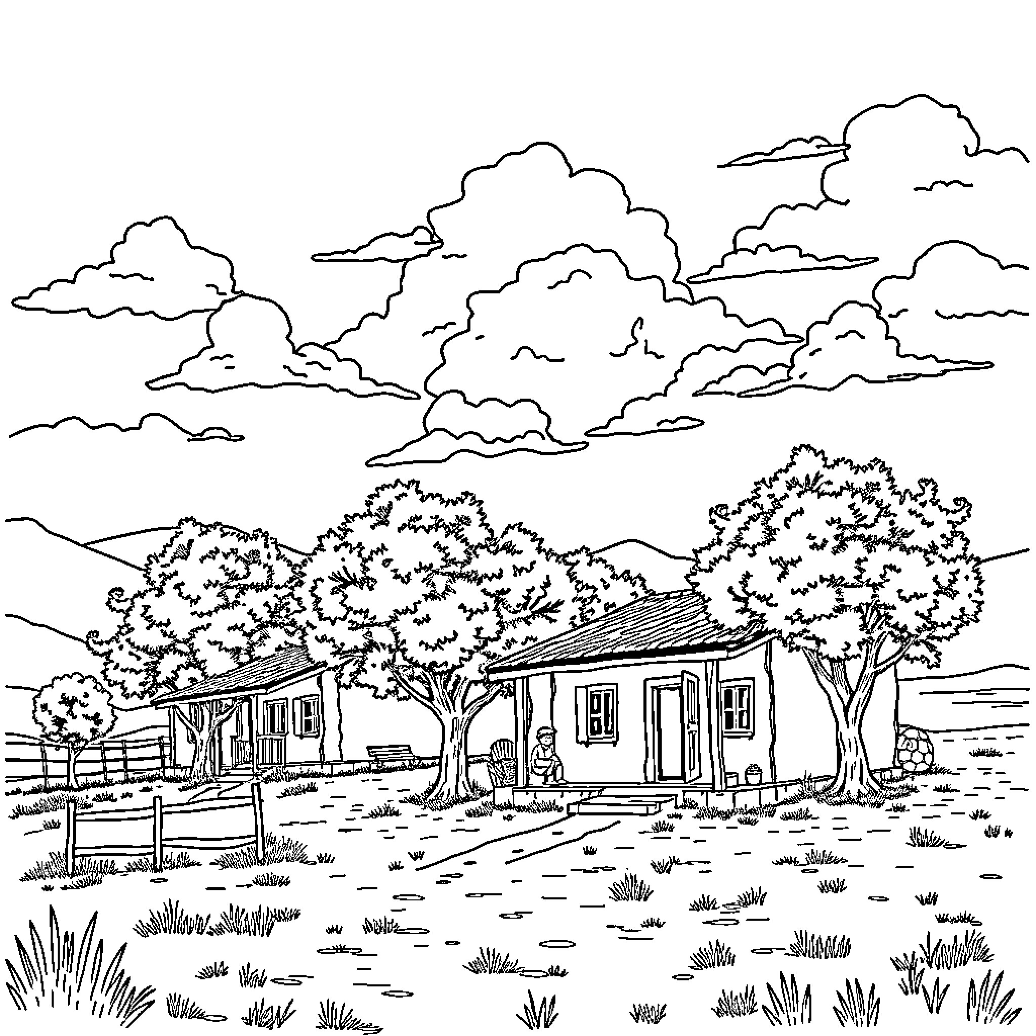 Rancho Scene with Quaint Cottage and Trees Coloring Page (free black-and-white line drawing printable PDF for all, from beginners to advanced learners, including children, teens, adults, and seniors)