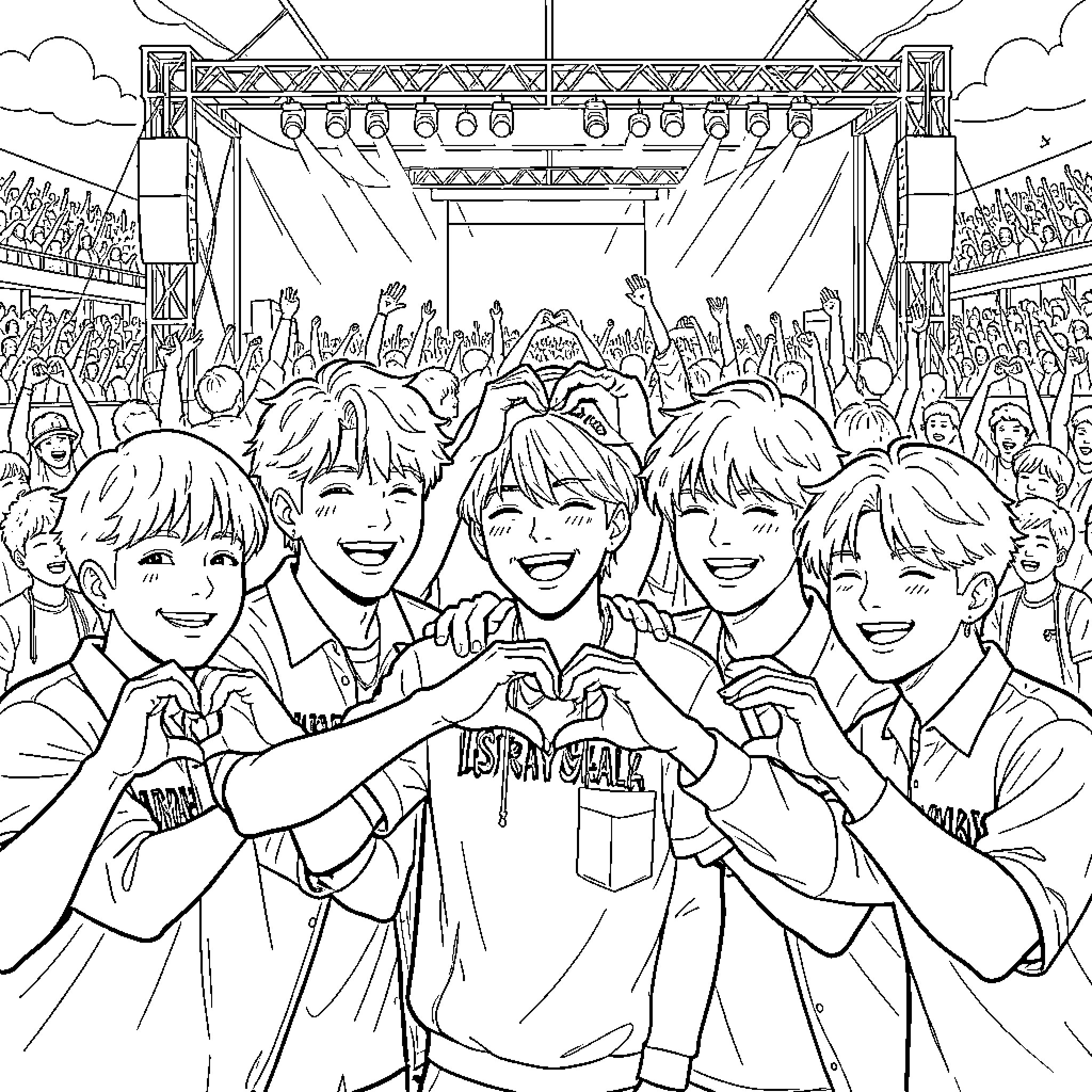 Straykids members making heart gestures at a concert Coloring Page (free black-and-white line drawing printable PDF for all, from beginners to advanced learners, including children, teens, adults, and seniors)