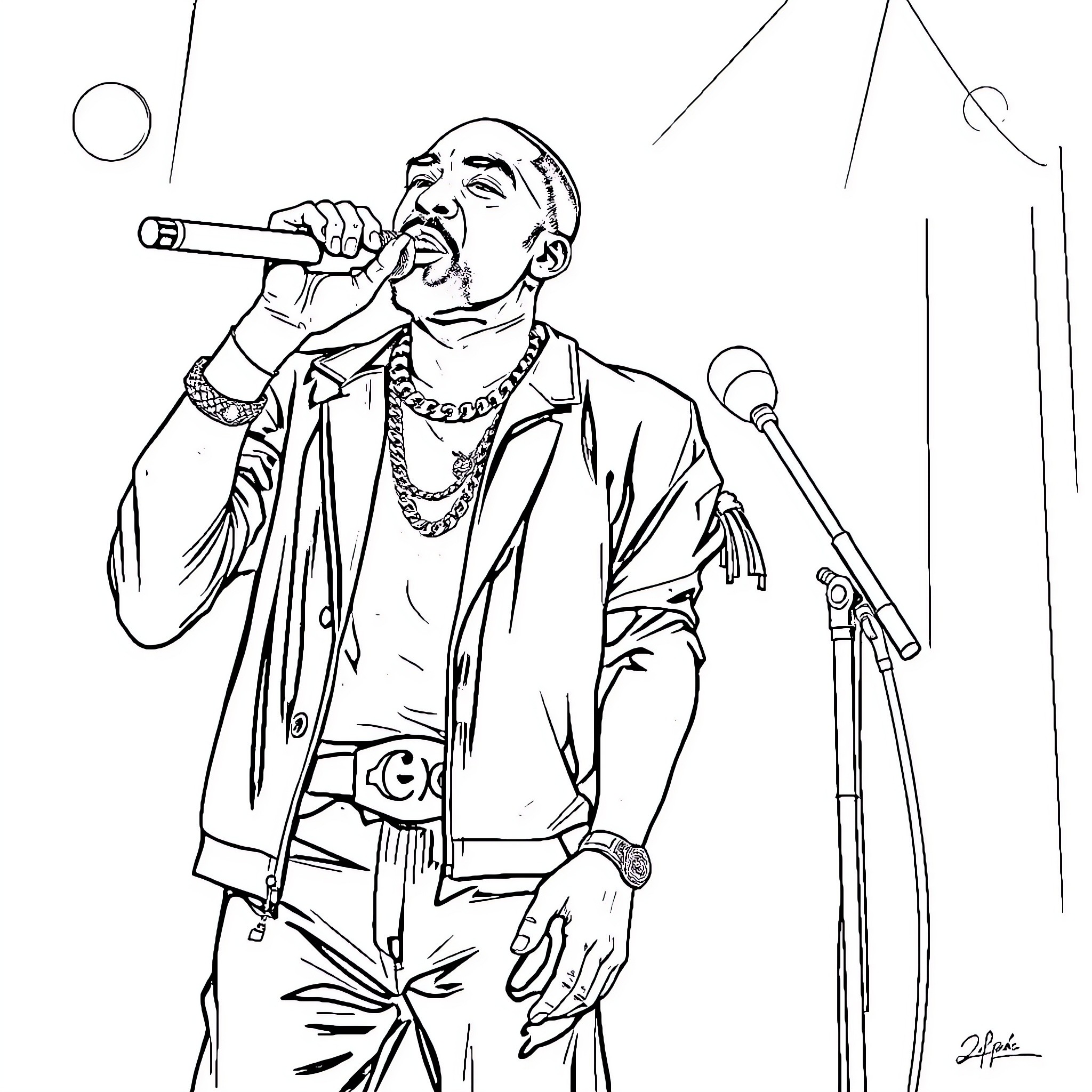 2pac performing on stage with microphone Coloring Page (free black-and-white line drawing printable PDF for all, from beginners to advanced learners, including children, teens, adults, and seniors)