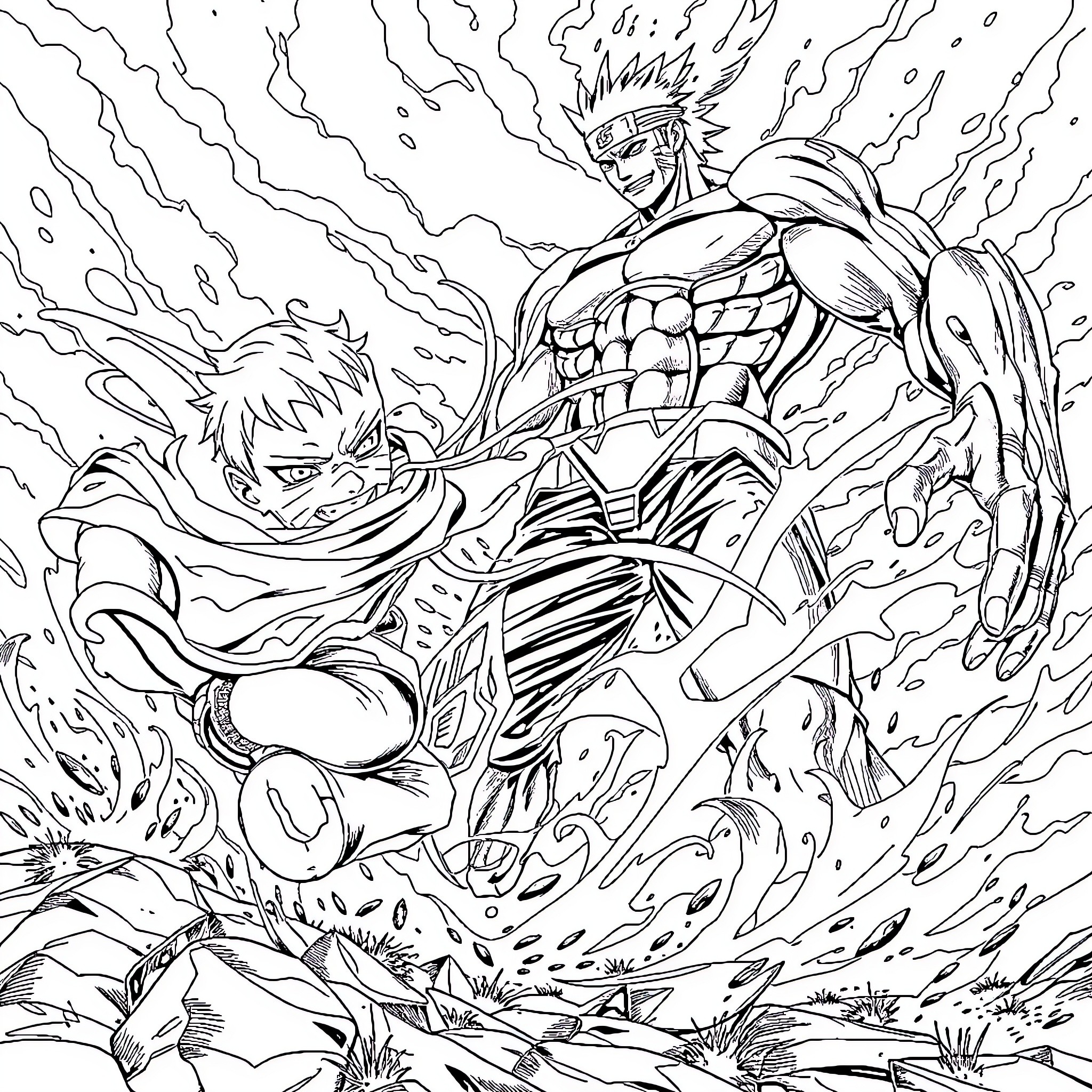 Naruto and Sasuke Clash in Intense Battle Coloring Page (free black-and-white line drawing printable PDF for all, from beginners to advanced learners, including children, teens, adults, and seniors)