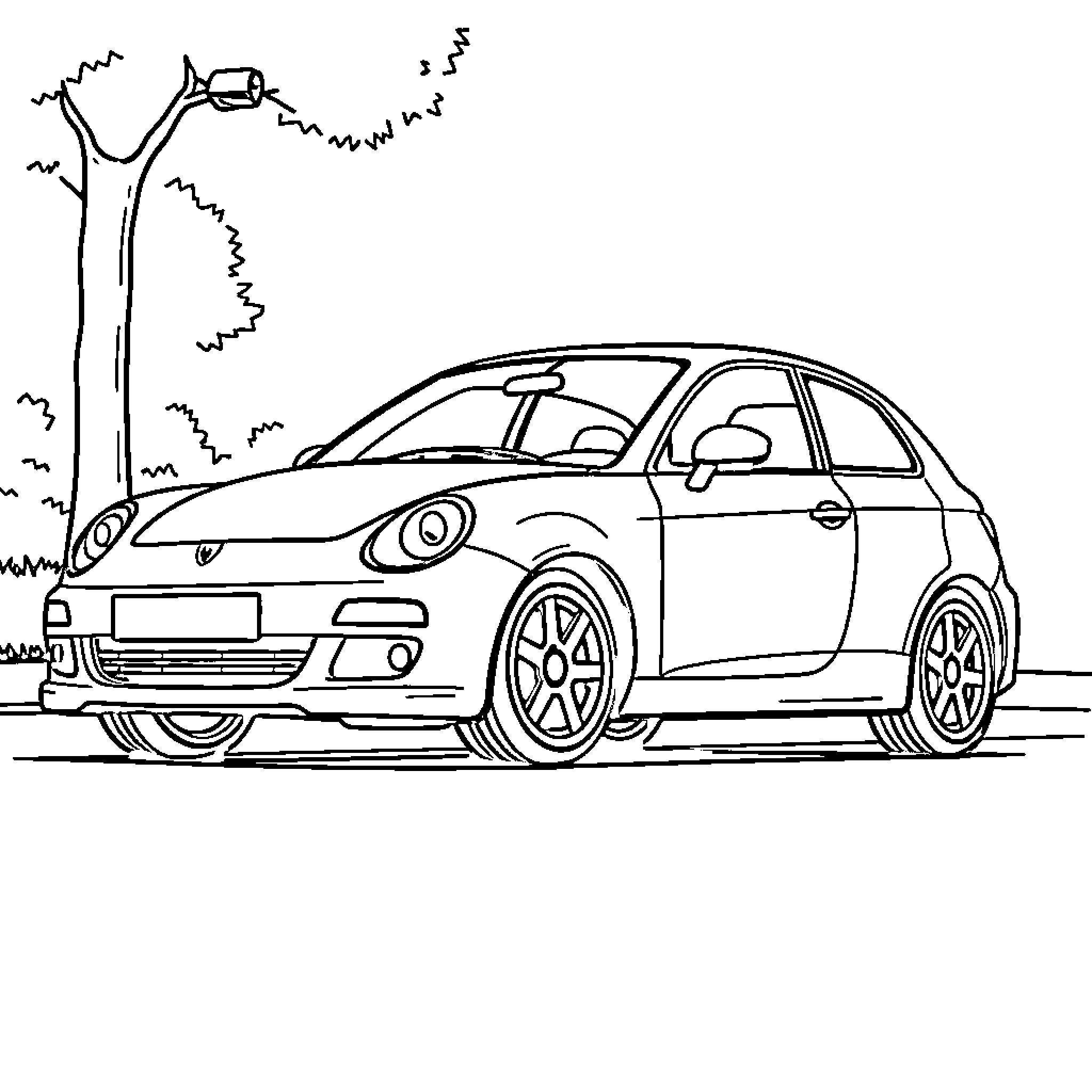 Car on the road with trees Coloring Page (free black-and-white line drawing printable PDF for all, from beginners to advanced learners, including children, teens, adults, and seniors)