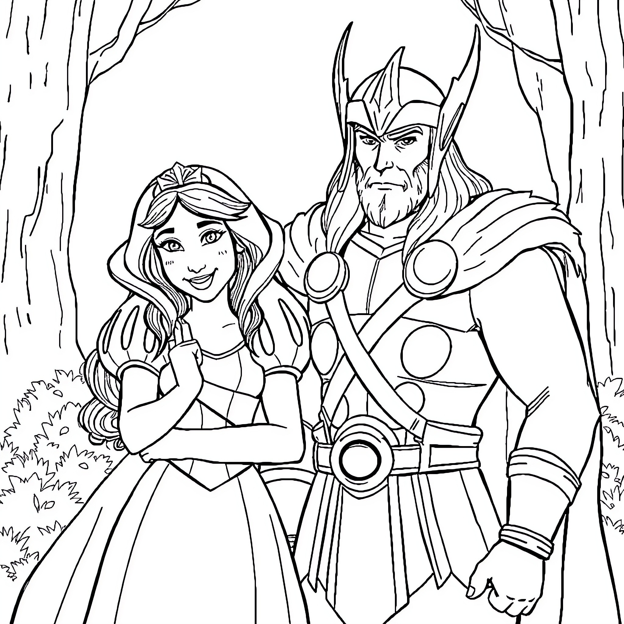 Thor and female warrior in fantasy forest Coloring Page (free black-and-white line drawing printable PDF for all, from beginners to advanced learners, including children, teens, adults, and seniors)
