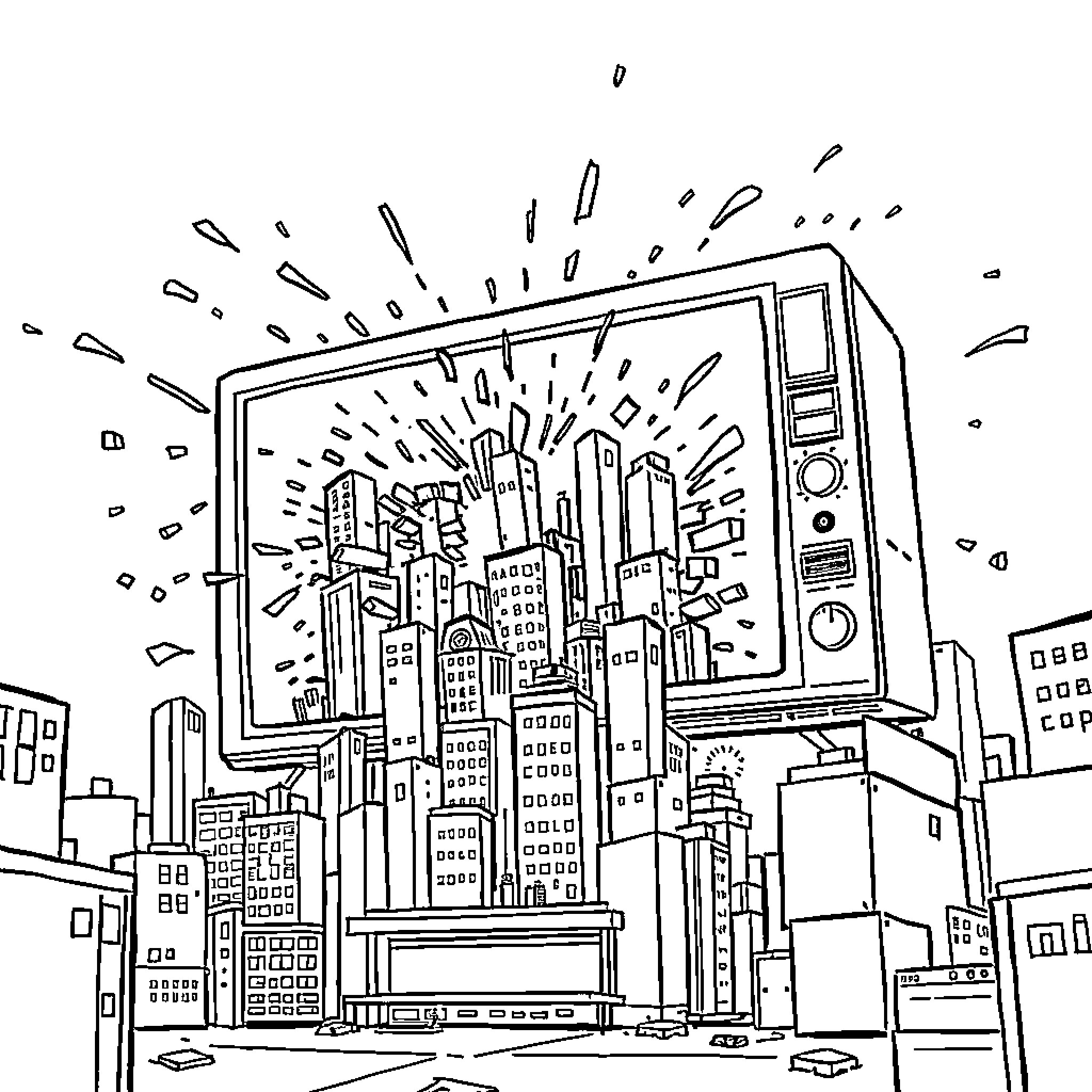 TV Cityscape with Bursting Energy Coloring Page (free black-and-white line drawing printable PDF for all, from beginners to advanced learners, including children, teens, adults, and seniors)