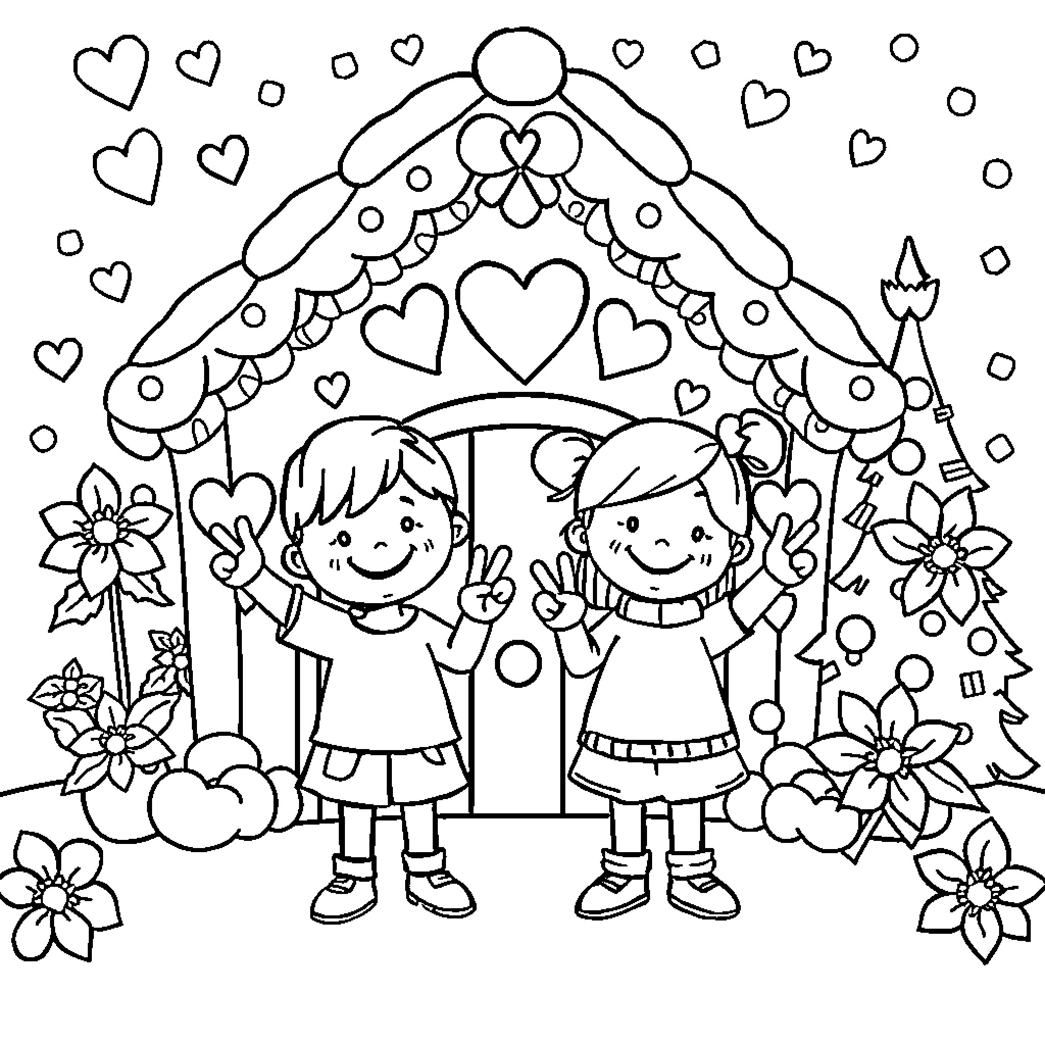 Children celebrating love and joy under the heart-shaped arch Coloring Page (free black-and-white line drawing printable PDF for all, from beginners to advanced learners, including children, teens, adults, and seniors)