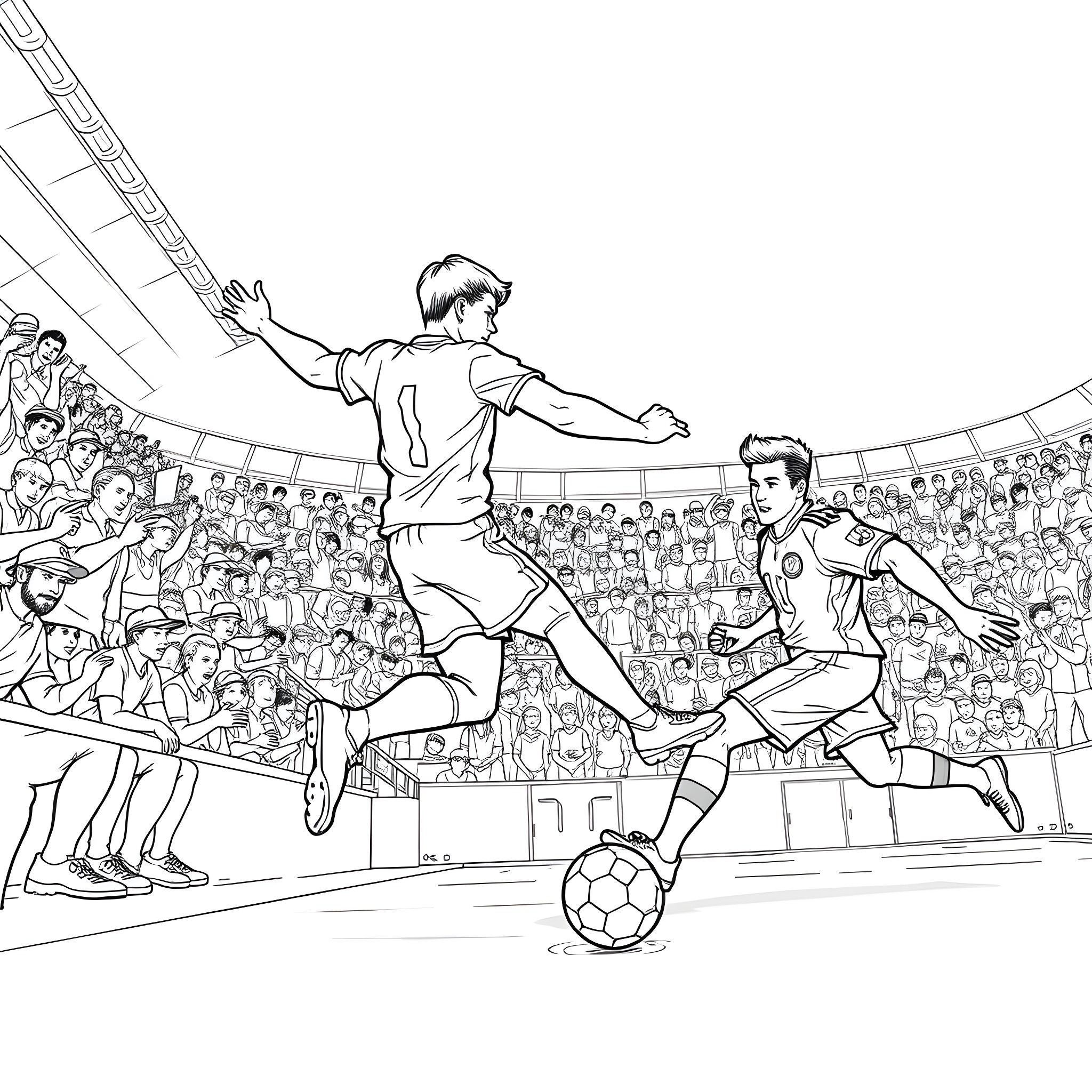 Football Player in Intense Match Coloring Page (free black-and-white line drawing printable PDF for all, from beginners to advanced learners, including children, teens, adults, and seniors)