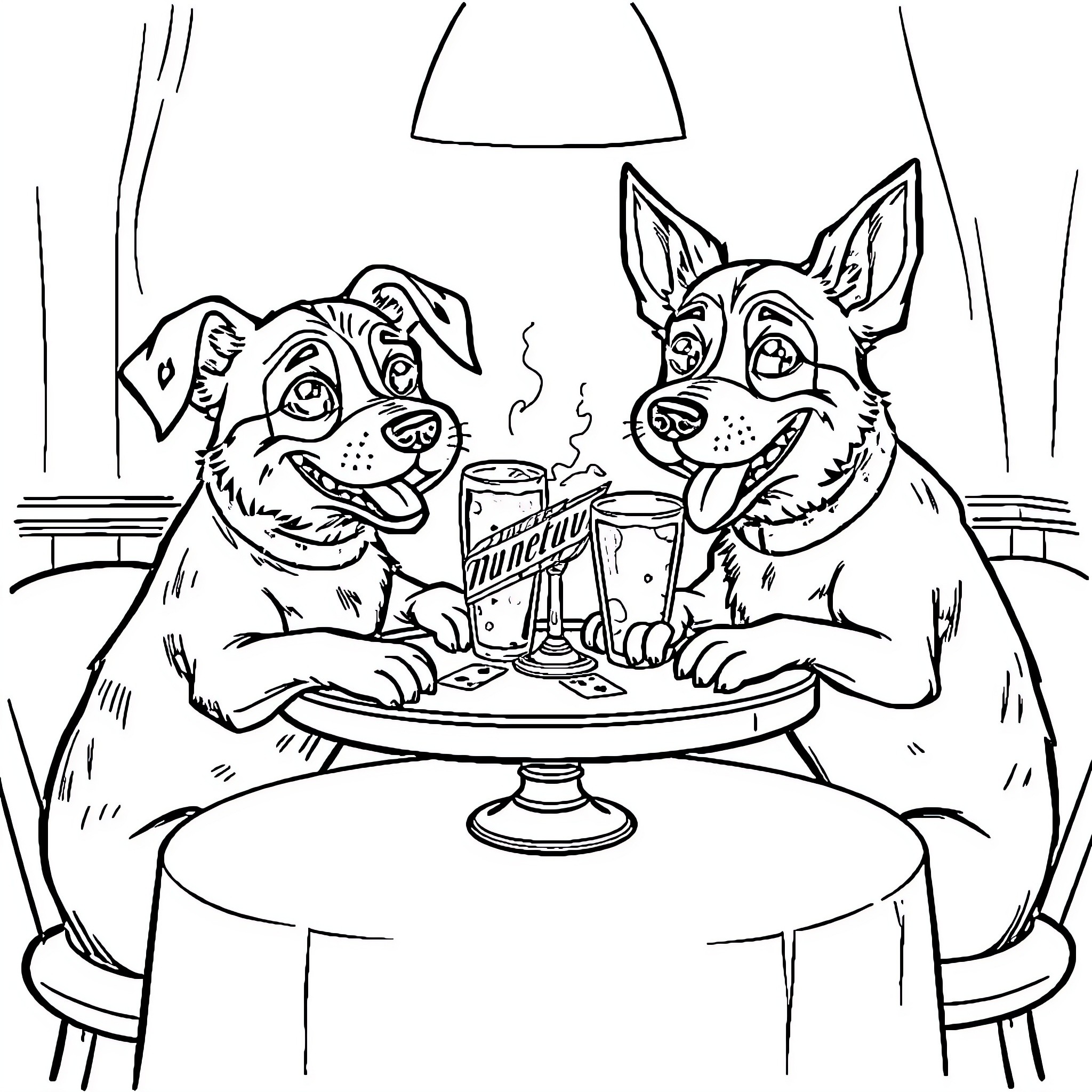Dogs enjoying coffee together in a cafe Coloring Page (free black-and-white line drawing printable PDF for all, from beginners to advanced learners, including children, teens, adults, and seniors)