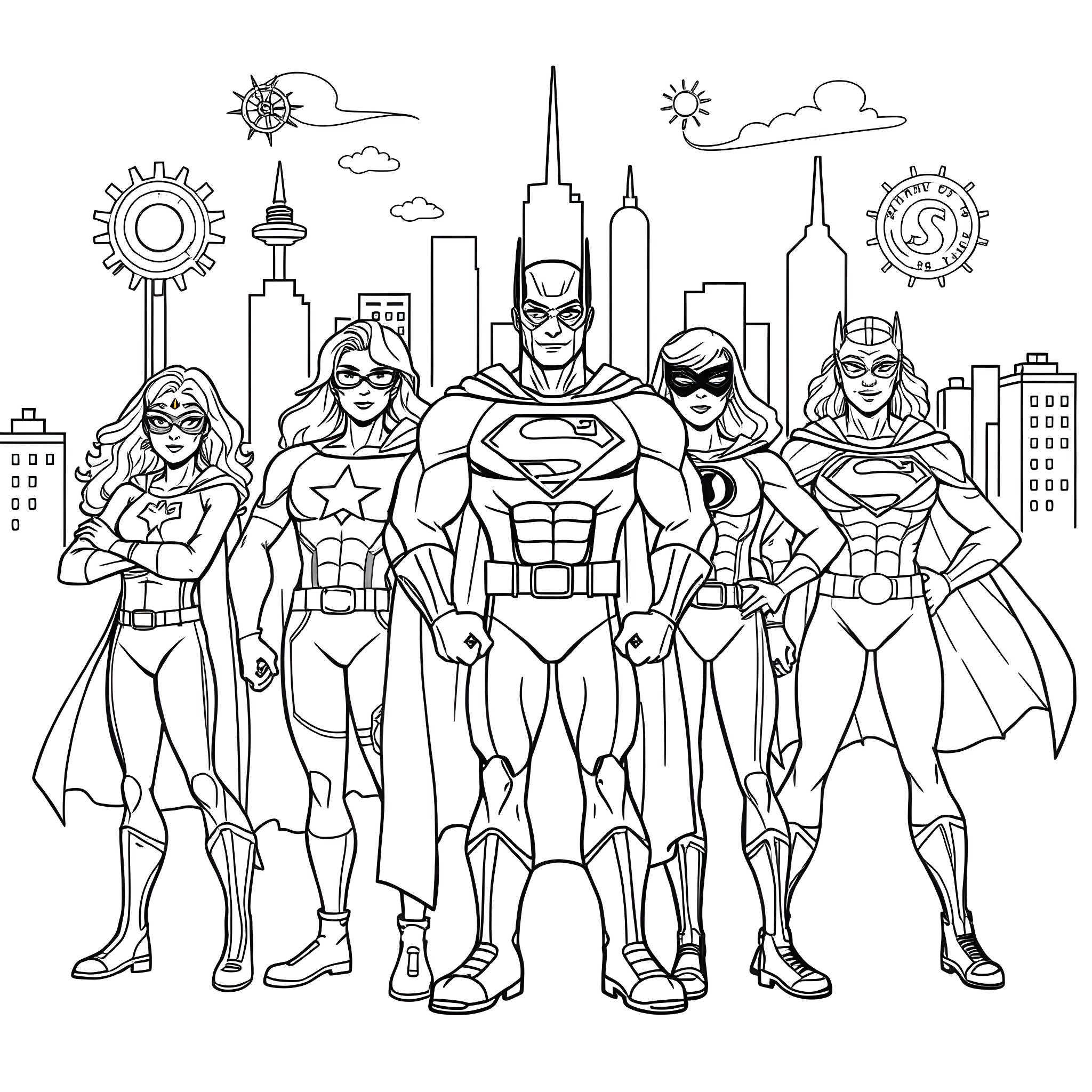Superhero team in action poses against cityscape Coloring Page (free black-and-white line drawing printable PDF for all, from beginners to advanced learners, including children, teens, adults, and seniors)