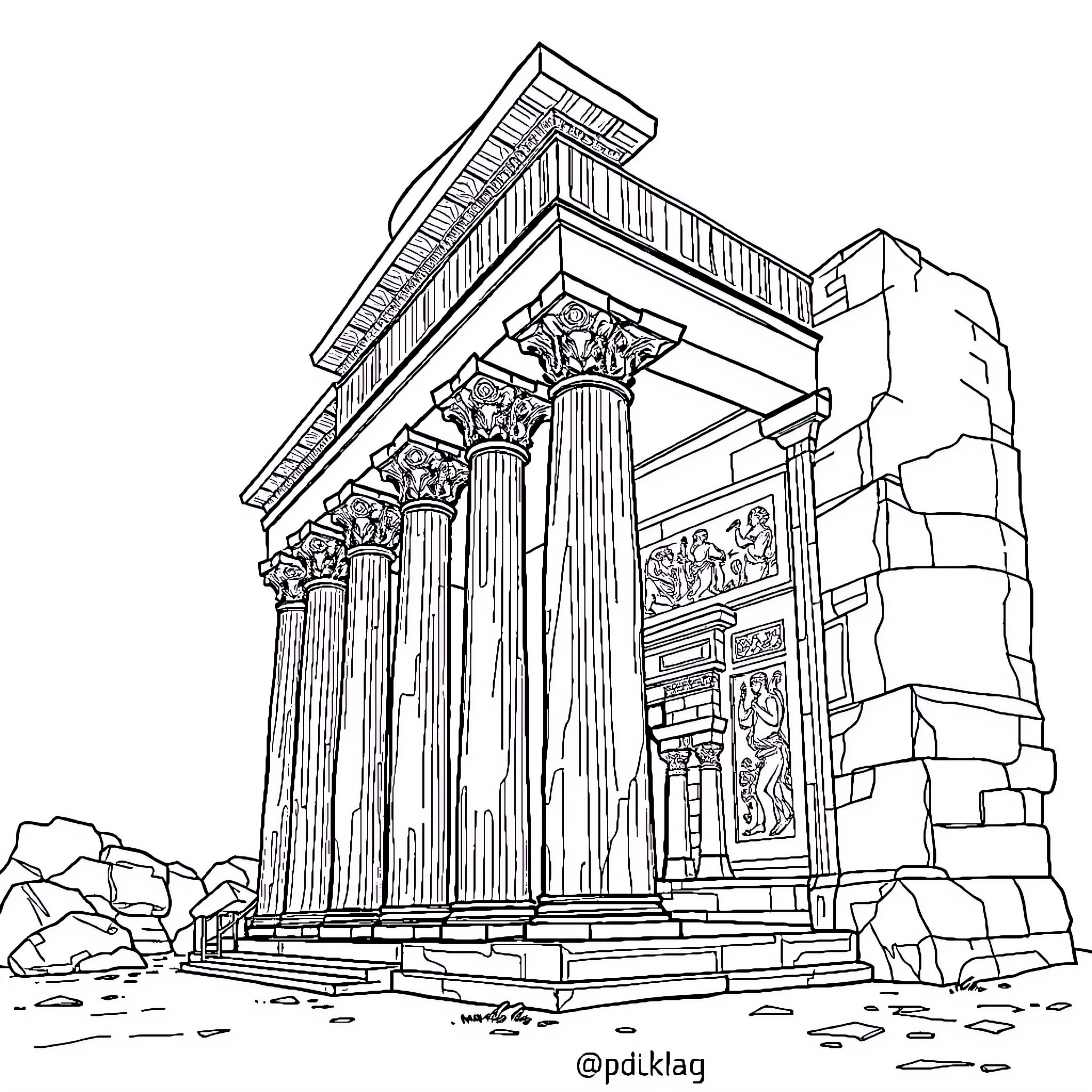 Temple of ornate columns and intricate carvings Coloring Page (free black-and-white line drawing printable PDF for all, from beginners to advanced learners, including children, teens, adults, and seniors)