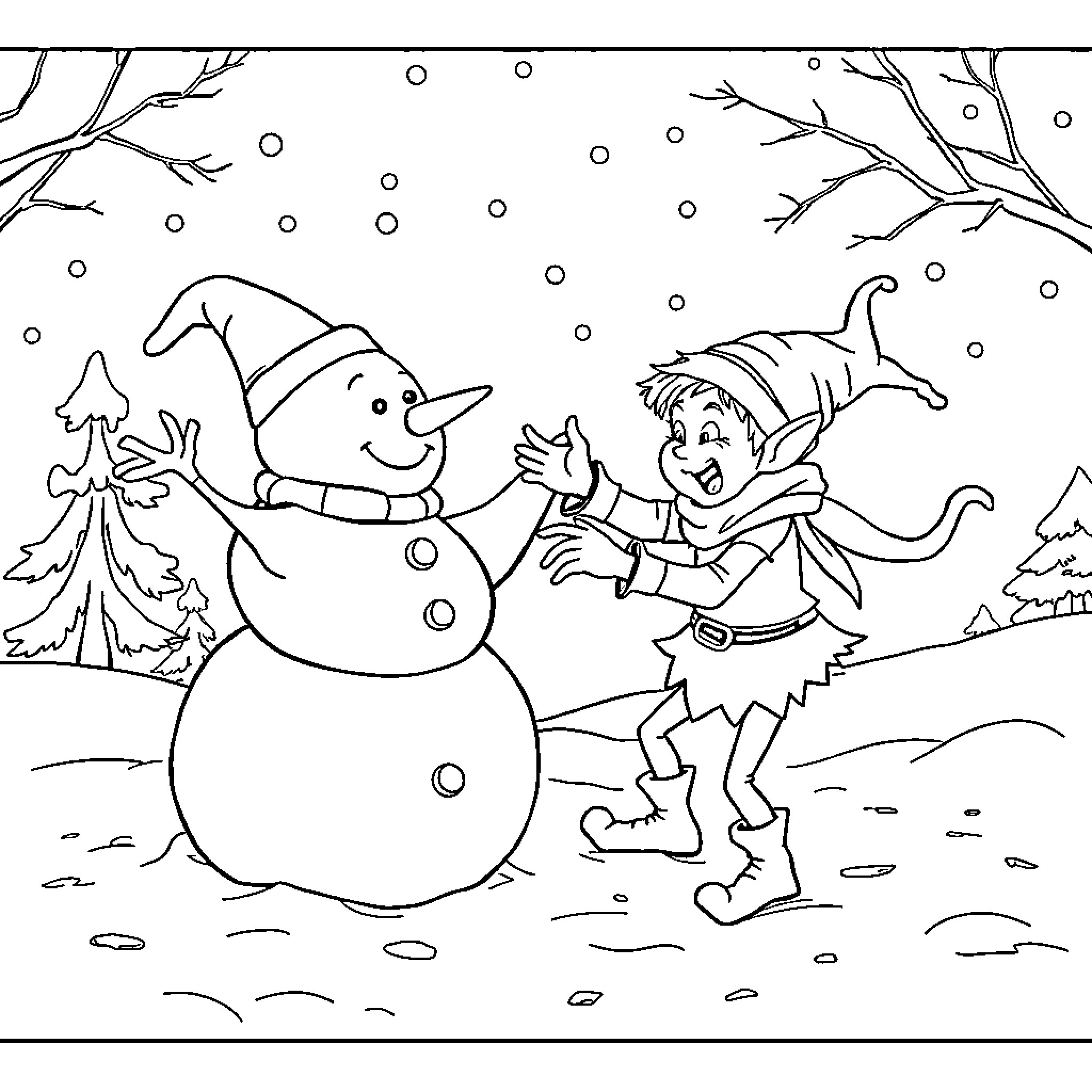 Snowman and Elf playing in the Winter Wonderland Coloring Page (free black-and-white line drawing printable PDF for all, from beginners to advanced learners, including children, teens, adults, and seniors)
