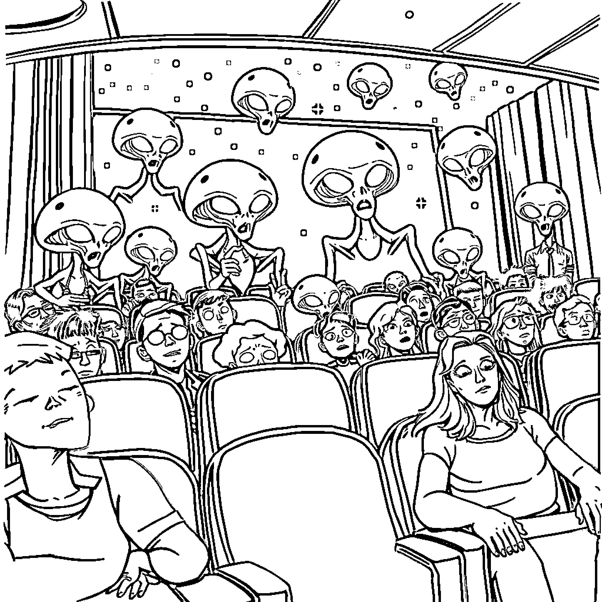 Alien Audience Observing a Strange Event Coloring Page (free black-and-white line drawing printable PDF for all, from beginners to advanced learners, including children, teens, adults, and seniors)