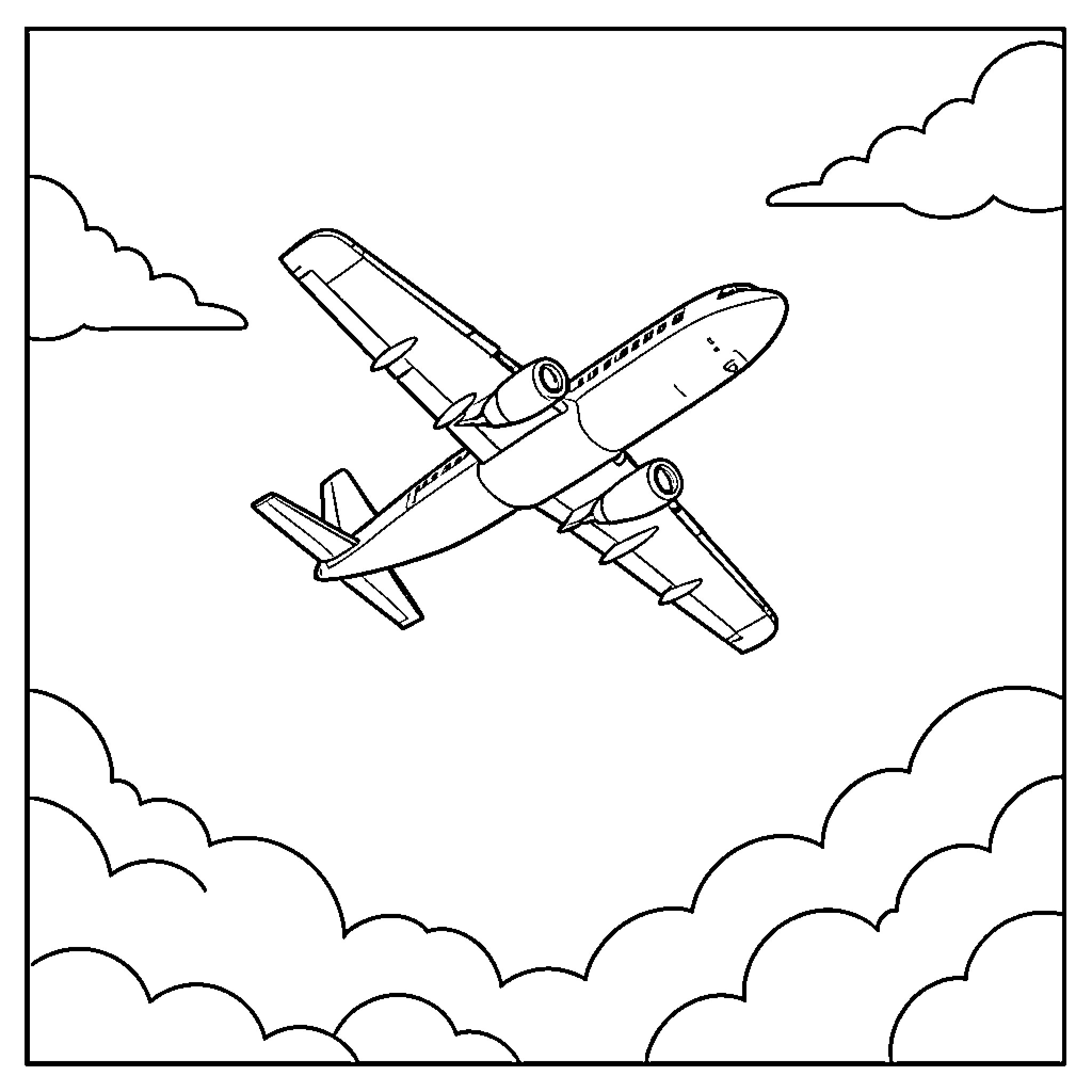 Airplane flying high through the clouds Coloring Page (free black-and-white line drawing printable PDF for all, from beginners to advanced learners, including children, teens, adults, and seniors)