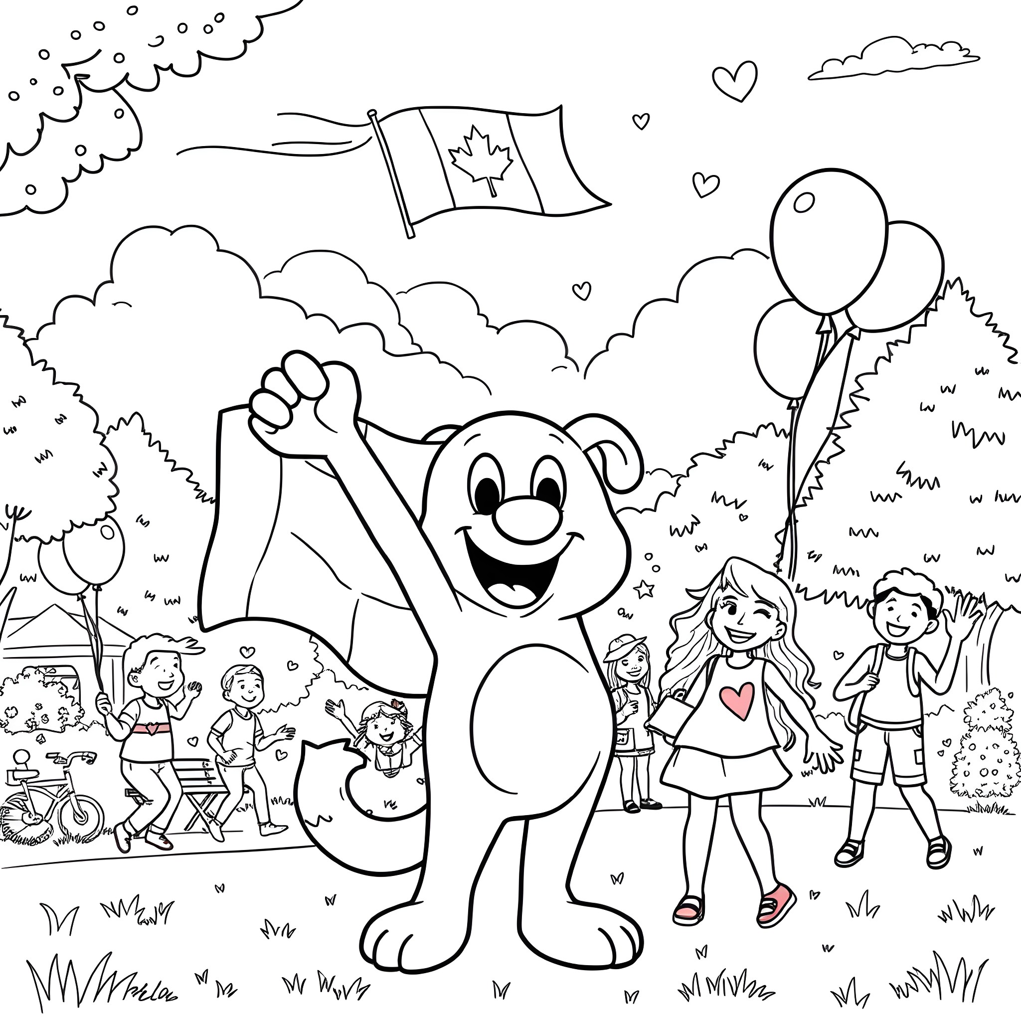 Bluey and friends enjoying a playful day outdoors Coloring Page (free black-and-white line drawing printable PDF for all, from beginners to advanced learners, including children, teens, adults, and seniors)