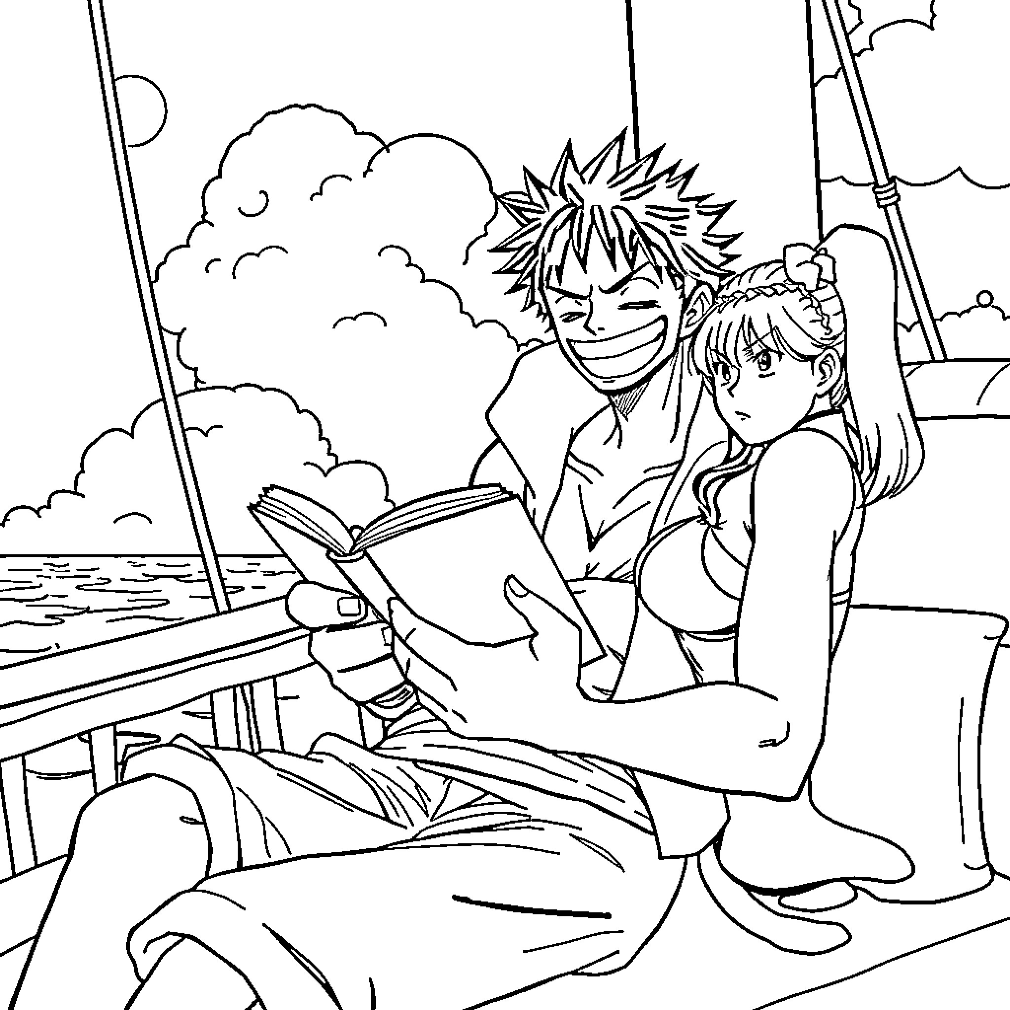 Roronoa Zoro reading a book with a woman on a boat Coloring Page (free black-and-white line drawing printable PDF for all, from beginners to advanced learners, including children, teens, adults, and seniors)