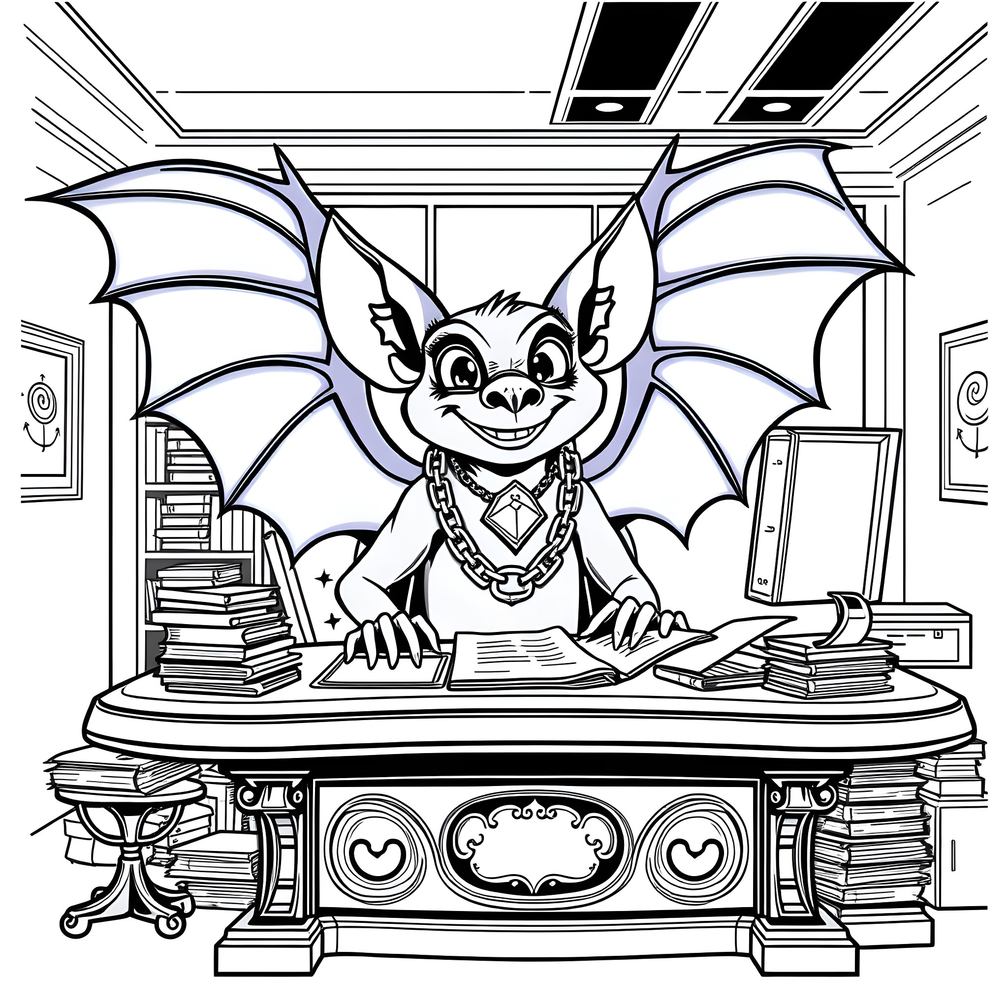 Bat working diligently at desk in study Coloring Page (free black-and-white line drawing printable PDF for all, from beginners to advanced learners, including children, teens, adults, and seniors)