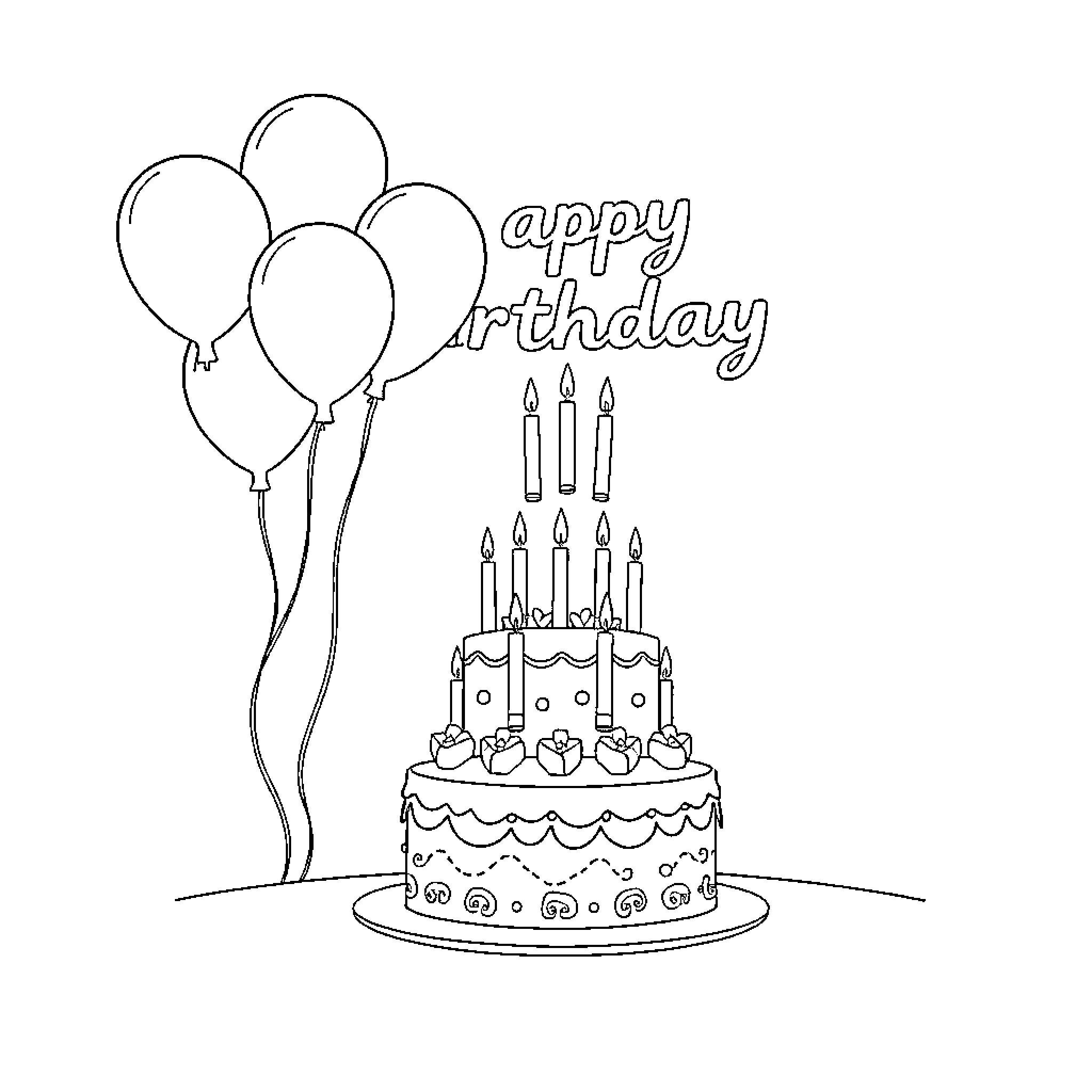 Birthday party with cake and balloons Coloring Page (free black-and-white line drawing printable PDF for all, from beginners to advanced learners, including children, teens, adults, and seniors)
