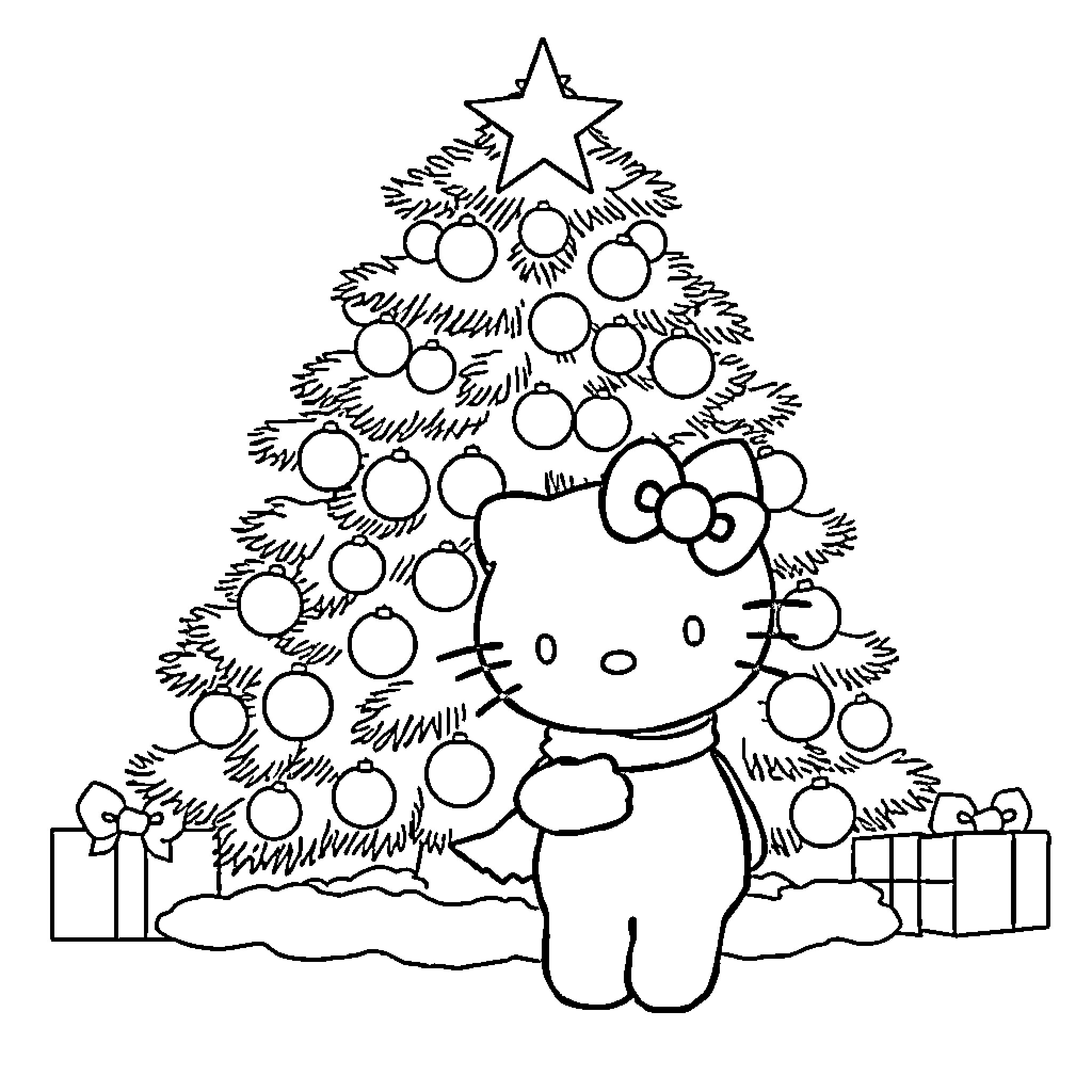 Hello Kitty celebrating Christmas with a decorated tree Coloring Page (free black-and-white line drawing printable PDF for all, from beginners to advanced learners, including children, teens, adults, and seniors)