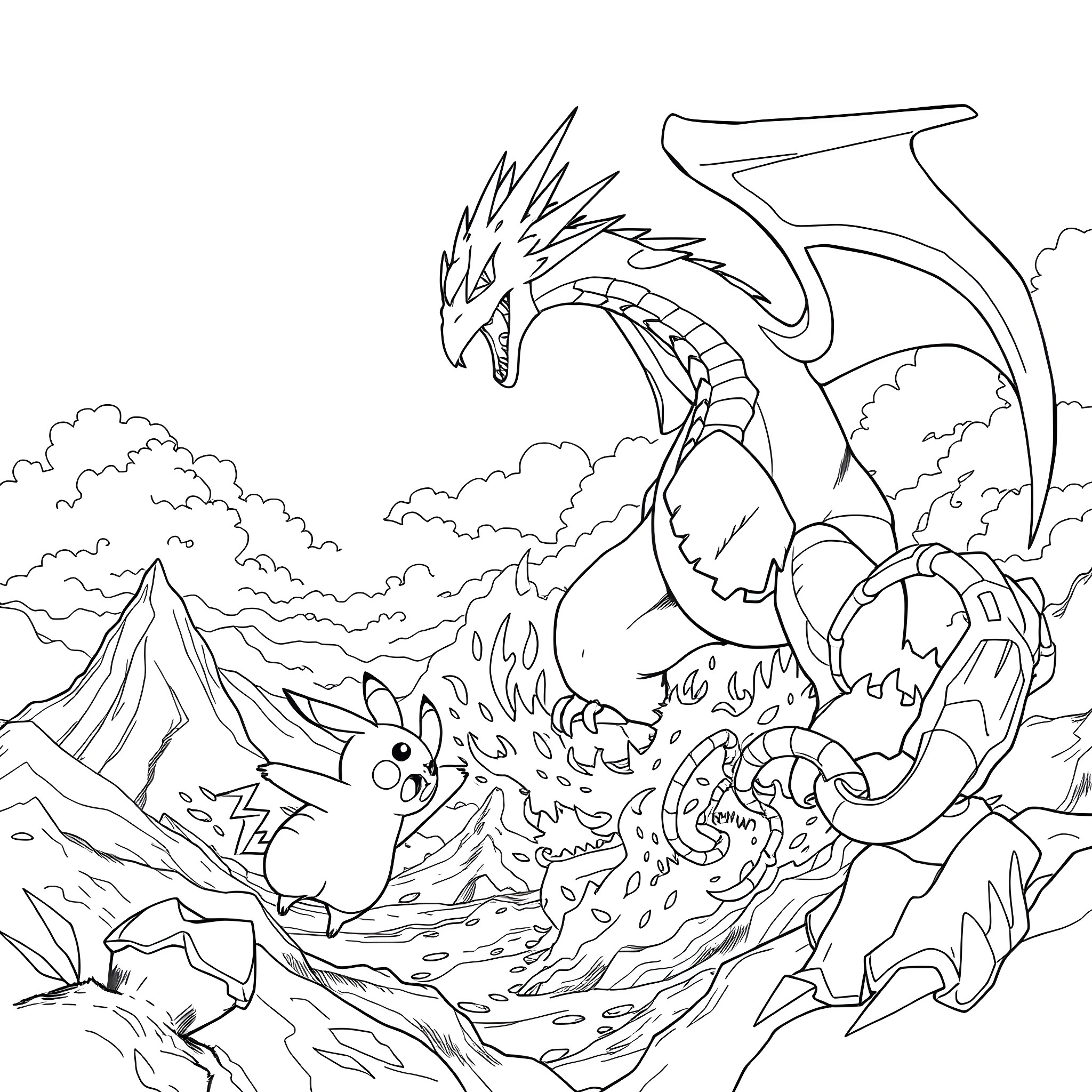 Palkia Battling Legendary Creatures in Fantasy Landscape Coloring Page (free black-and-white line drawing printable PDF for all, from beginners to advanced learners, including children, teens, adults, and seniors)