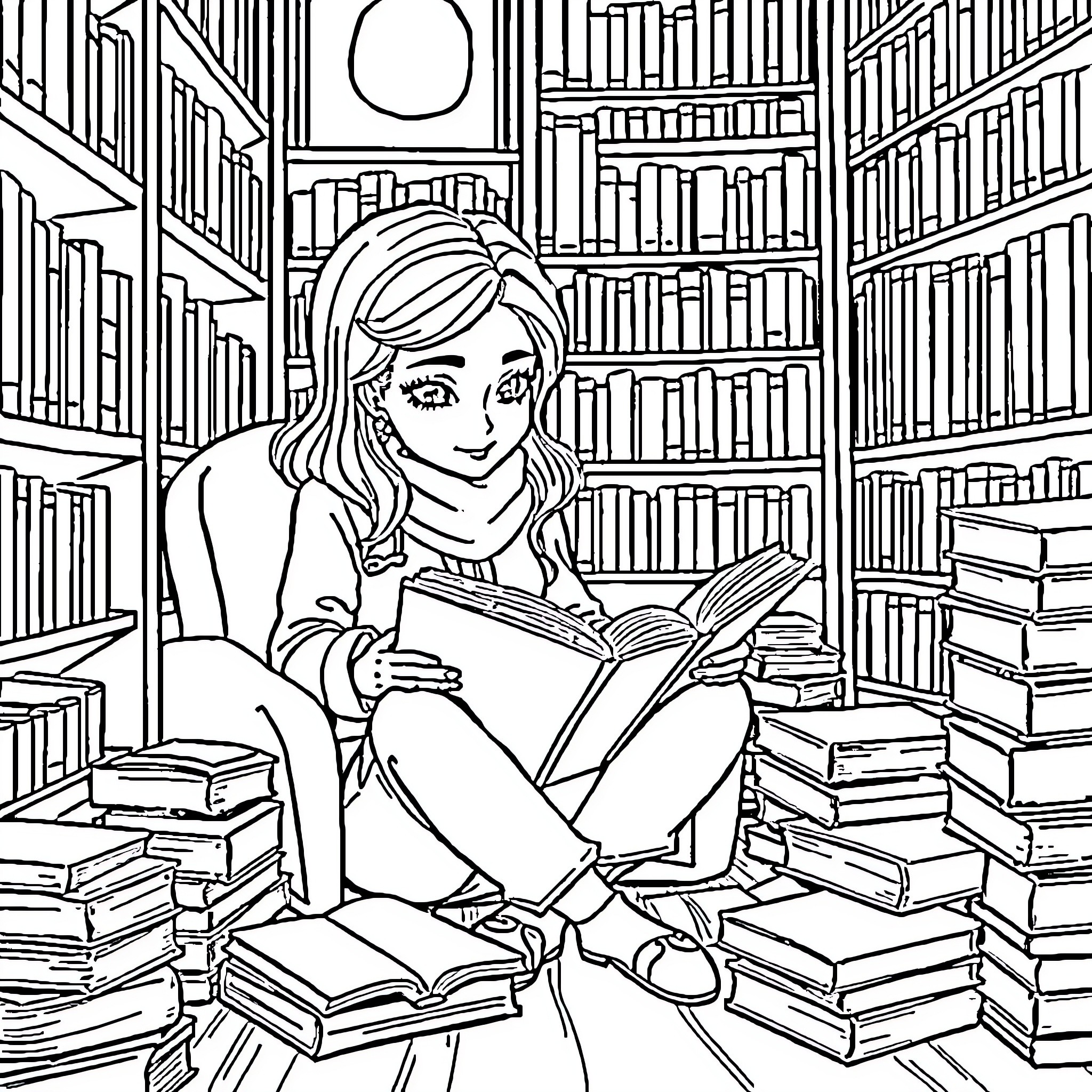 Ilza's Cozy Reading in the Library Coloring Page (free black-and-white line drawing printable PDF for all, from beginners to advanced learners, including children, teens, adults, and seniors)